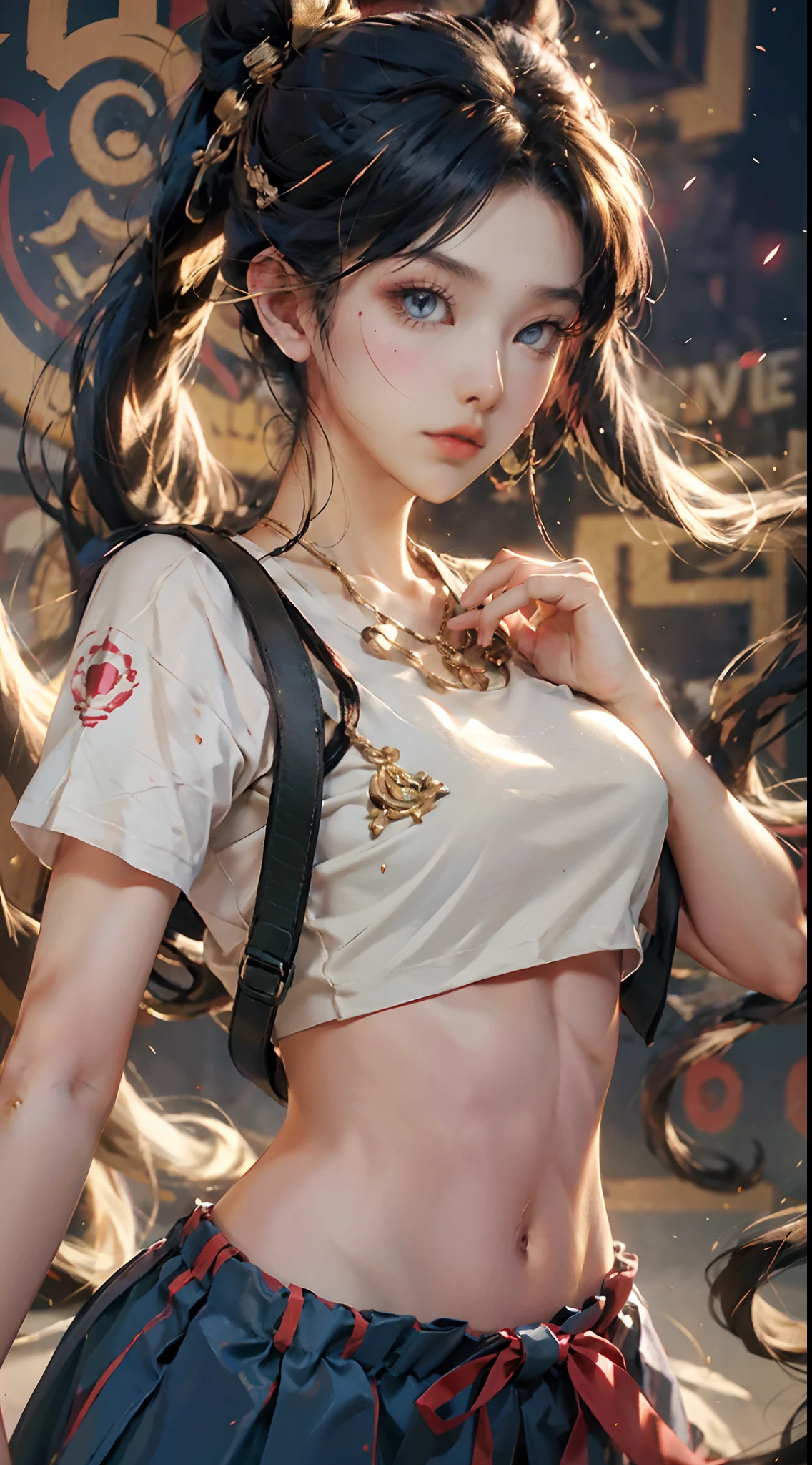 tmasterpiece，top Quority，（realisticlying，realisticlying：1.4），（RAW photos：1.2），Very delicate CG Unity 8K wallpaper，very delicate beautiful，Wonderful，Boxing pose，The attention to detail，offcial art，absurderes，Incredibly Ridiculous res，hugefilesize，Very fine，very refined，Beautiful eyes and face，Beautiful exquisite eyes，light in face，one-girl，pony tails，（pompons）nabel，A half body，PE uniform short sleeve crop top T-shirt，  Bare arms， By bangs，