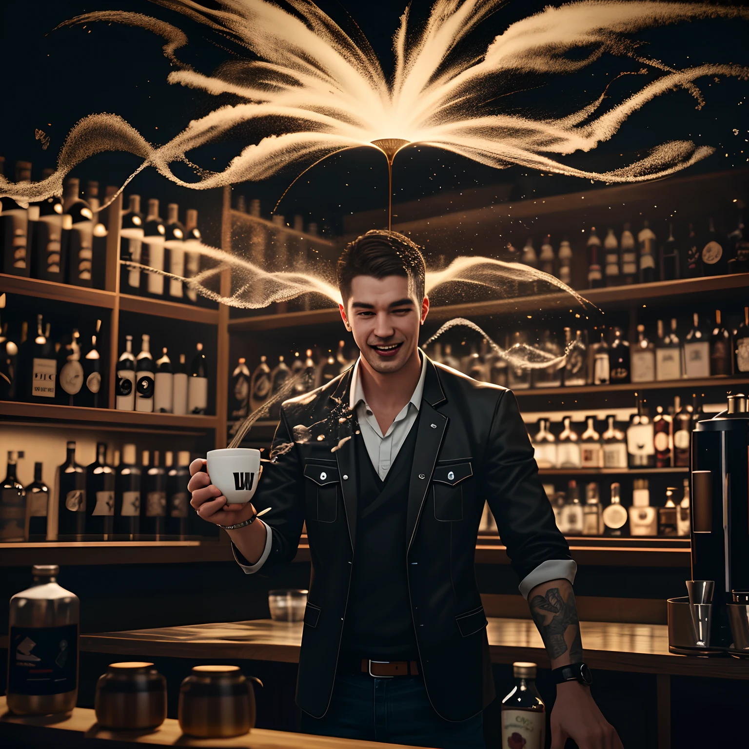 A latte and a bottle of spirits collide，Coffee and spirits mingle in the air，Liquid splashes everywhere，Make people happy，Spectacular creative scene，Simple dark background，Commercial, ads, (studio context), Intricate, Detailed, Photorealistic, 8K,