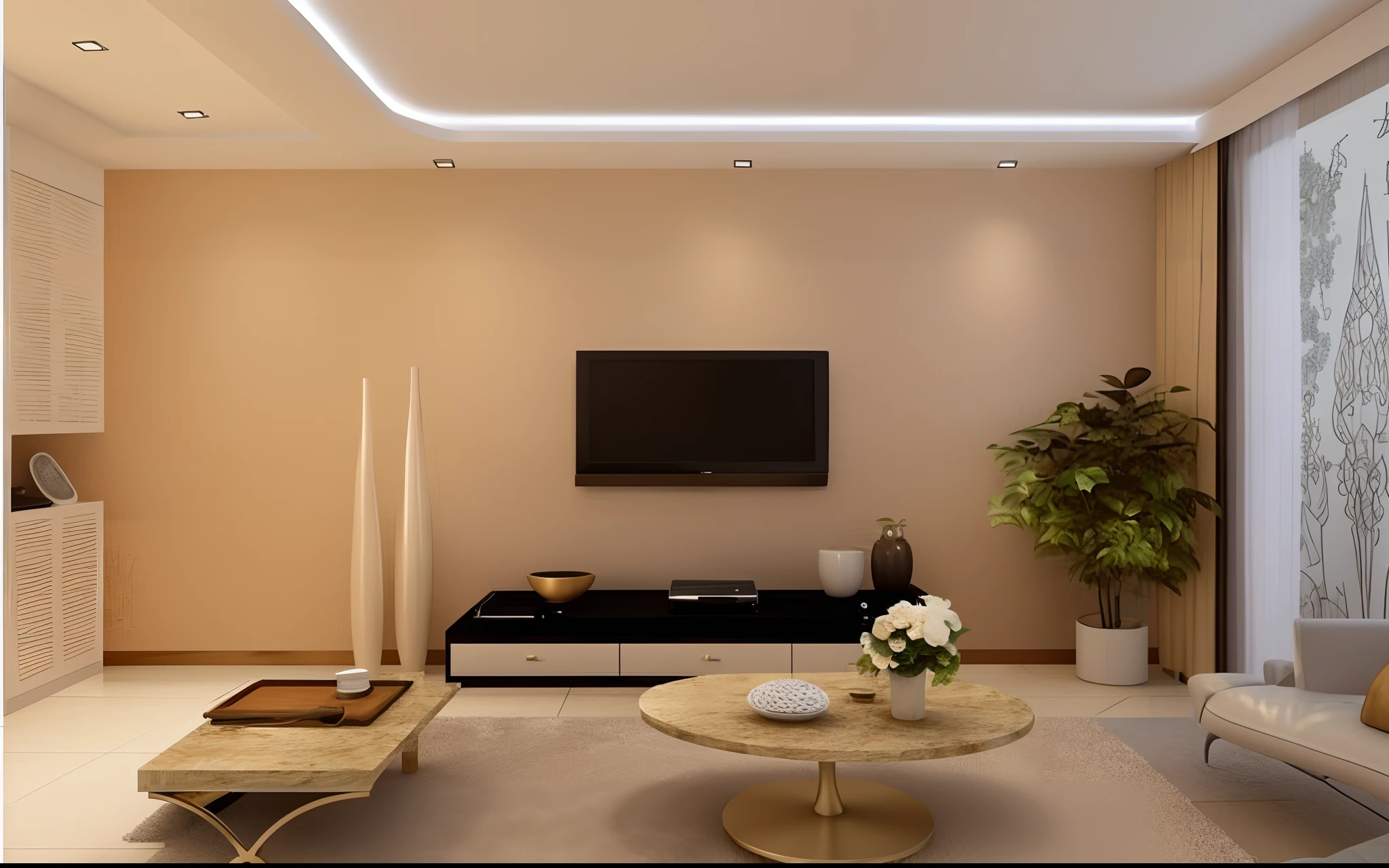 there is a living room with a couch, chair, TV and table, Interior decoration, popular interior design style, high quality rendering, Interior design, sand - colored walls, living room wall background, living room interior design, wallpaper on the walls, Home interiors, elegant render, interior living room, Modern look, Interior design details, asian interior decoration