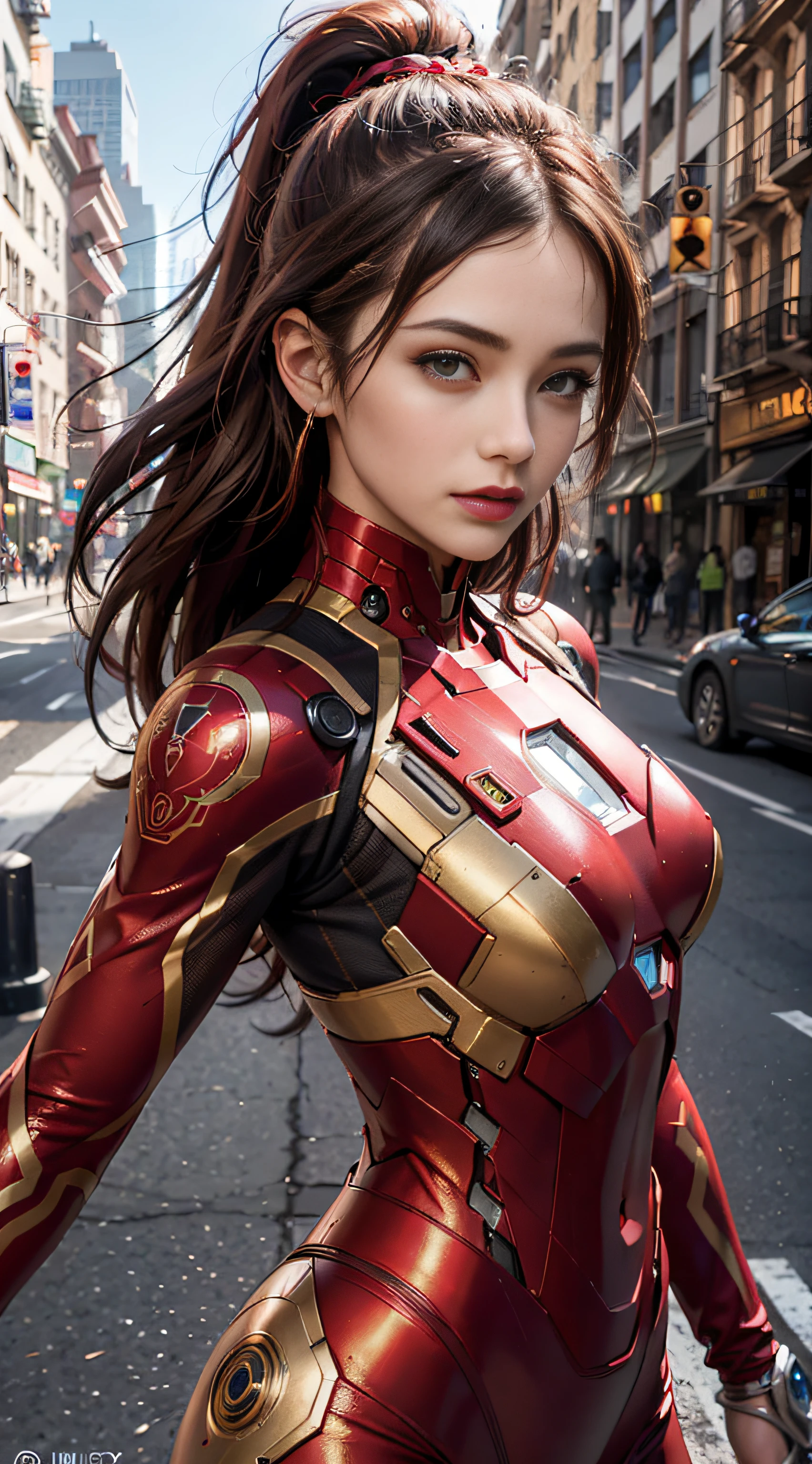 (1girl:1.3), solo, __body-parts__, official art, unified 8k wallpaper, super detailed, beautiful and aesthetic, beautiful, masterpiece, best quality, raw, masterpiece, super fine photo, best quality, super high resolution, photorealistic , sunlight, full body portrait, amazing beauty, dynamic pose, delicate face, vibrant eyes, (viewed from the side), she is wearing a full body futuristic Iron Man mech, red and gold color scheme, new york city background, Detailed face, blurred background, , gorgeous, milky white, highly detailed skin, realistic skin details, visible pores, sharp focus, volumetric fog, 8k uhd, high quality, film grain, fair skin,