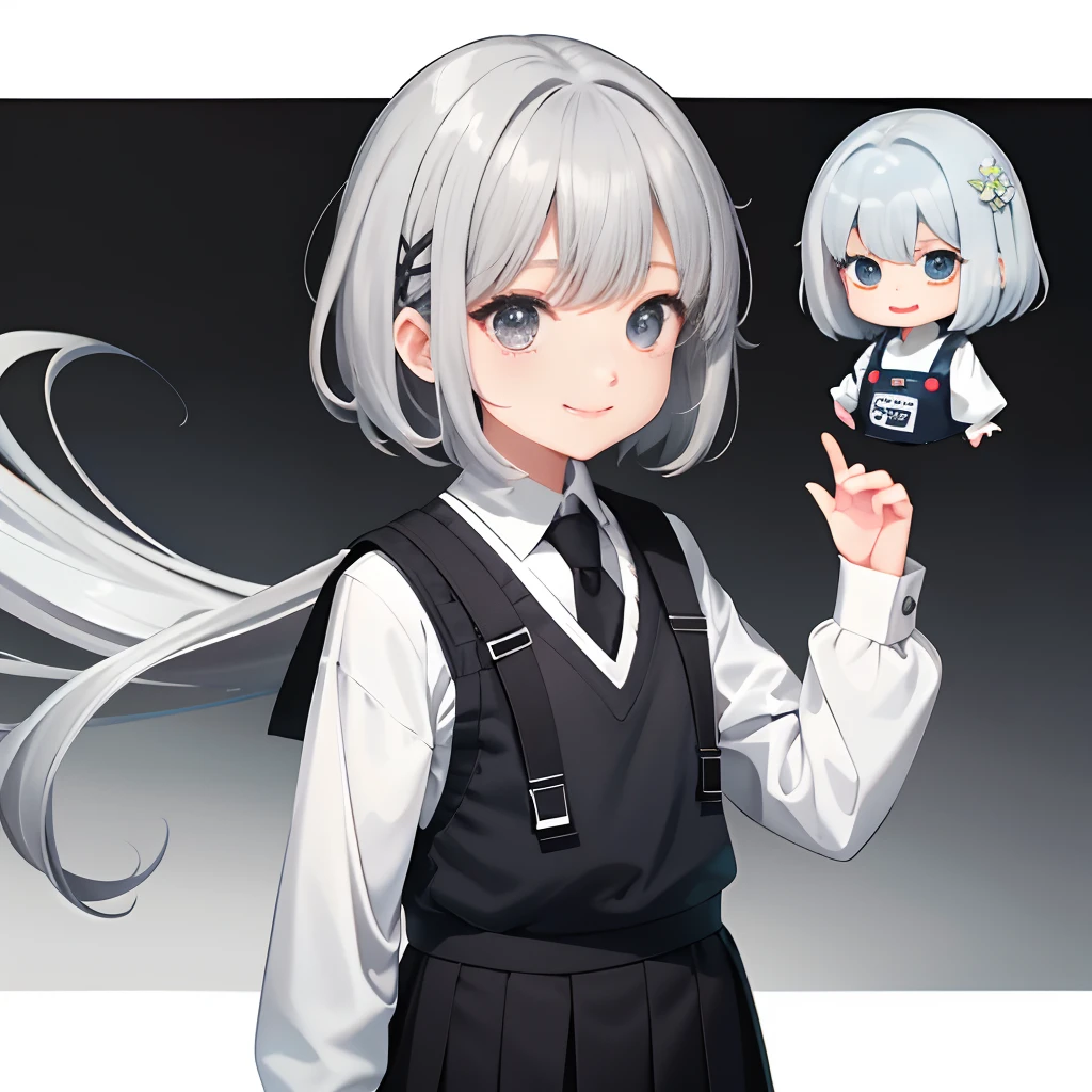 Medium gray hair、Girl child,pinging、Very short、1 persons,dual horsetail, 独奏, (twitch emote:1), tchibi, Black eyes, comic strip, Girl、white backgrounid,、hair adornments,、elementary student、Gilet blanc、Sweaters，white leggings.playing game、Kizi、A smile