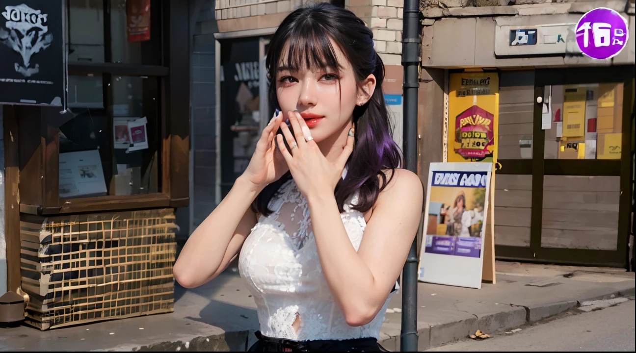 best quality,masterpiece,extremely detailed,high res,4k,ultra high res,detailed shadow,ultra realistic,realistic,dramatic lighting,1girl,solo,detailed face,realistic eyes,realistic skin,white dress,purple hair,dynamic pose, white lace dress, smile
