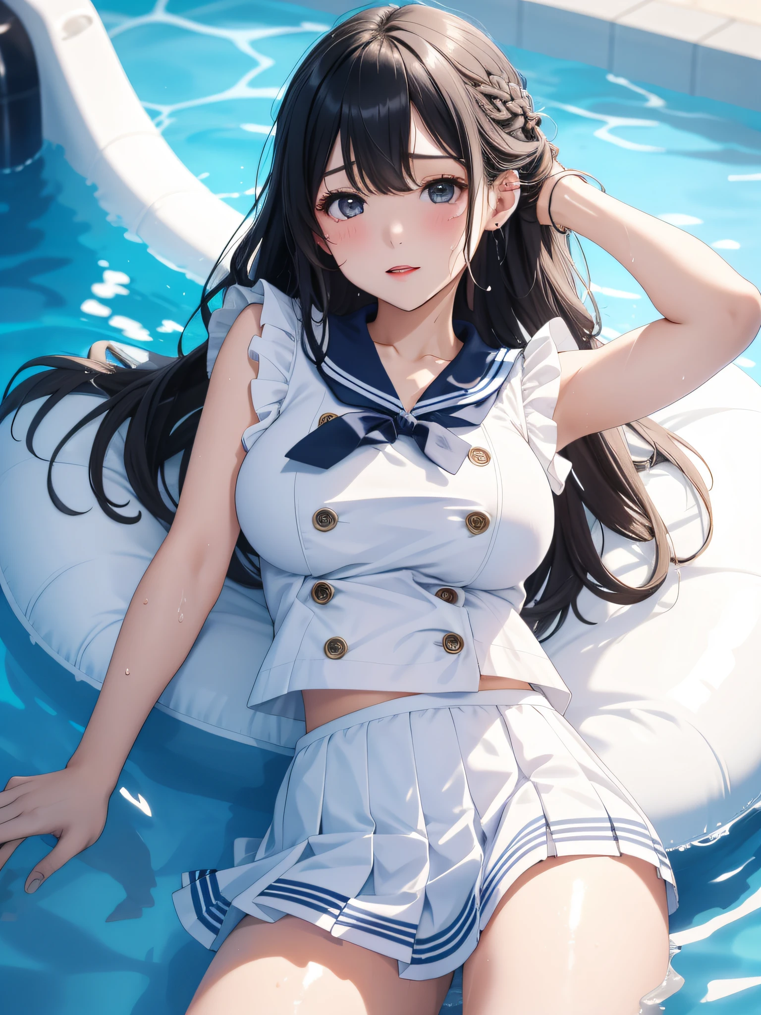 highest quality、High resolution、detailed background、Super detailed、beautiful and detailed face、beautiful and smooth skin、skin texture、professional lighting、Beautiful teenage girl、(huge breasts:1.1)、black hair ponytail、sexy sailor suit、Wet白い薄いセーラー服、Wet白い薄いプリーツのミニスカート、Thin white knee high socks、sleeveless、emphasize the chest、underboob、legs open、panty shot、cute、Raise your arms and show your sides、Thin white panties、lying on the beach、
全身がWet、My clothes are Wet and transparent、Wet、soak in water、See through、
Look at me happily with a sexual expression、panty shot、camel toe