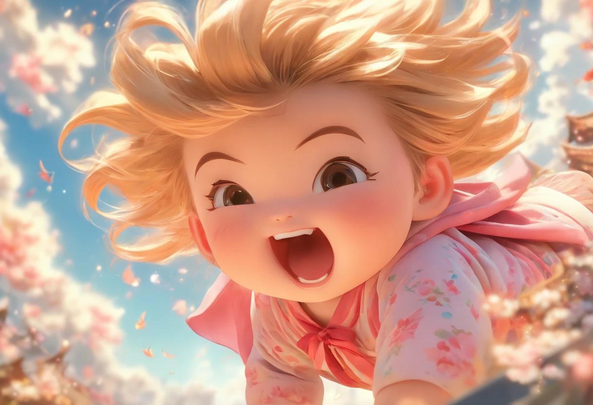 China-style,Look down from the sky,Pastoral baby girl,Cute and cute,Chubby toot,Sit on the roof and blow the wind,ventania,messy shortt hair,Pink flecked pajamas,Cartoon card issuance,Full body like,Detailed and accurate,depth of fields,8K,A high resolution,tmasterpiece,Beautiful wallpapers,high qulity,high detal,s the perfect face,offcial art,blur backgroun, --Niji 5 --Q 2