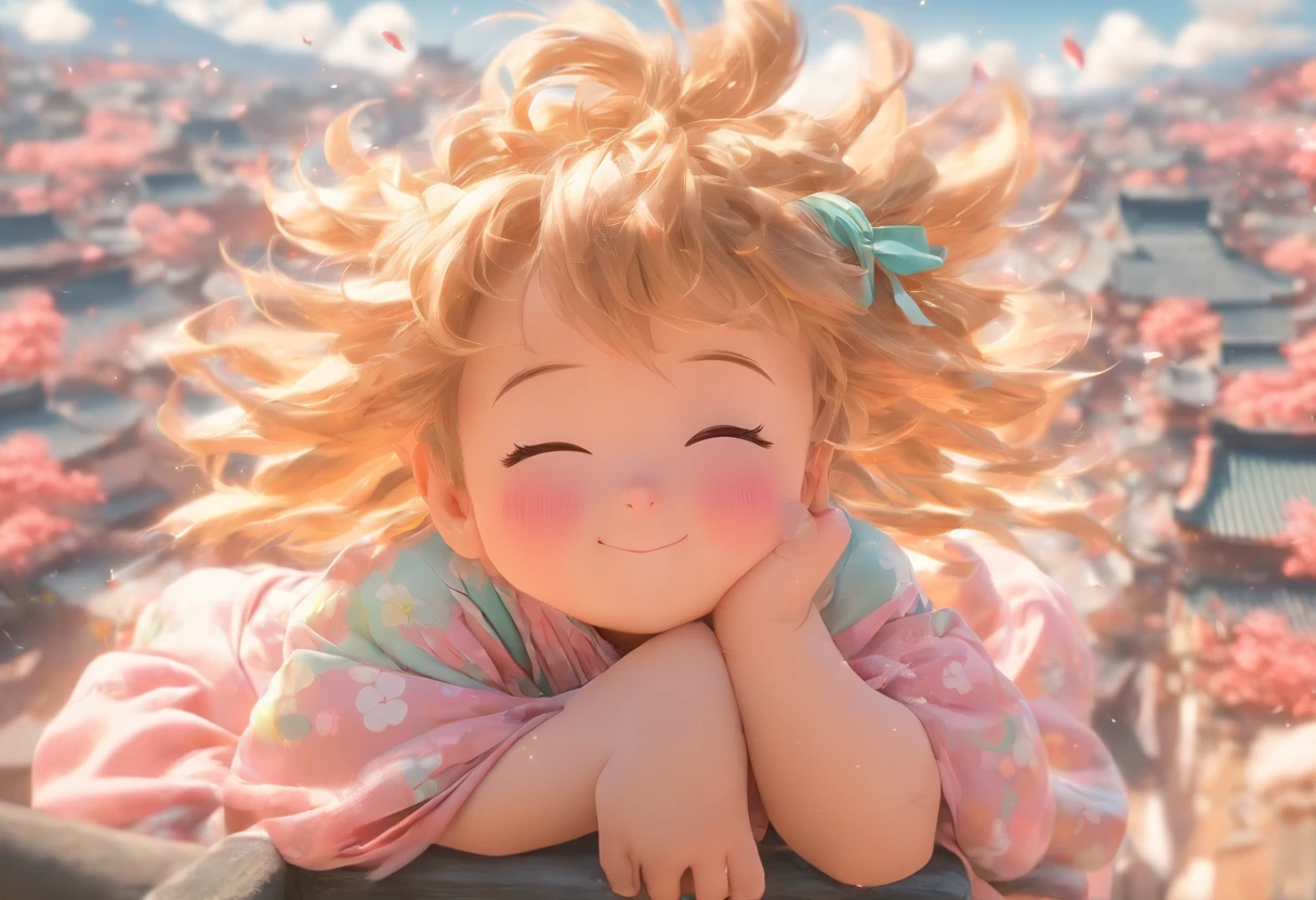 China-style,Look down from the sky,Pastoral baby girl,Cute and cute,Chubby toot,Sit on the roof and blow the wind,ventania,messy shortt hair,Pink flecked pajamas,Cartoon card issuance,Full body like,Detailed and accurate,depth of fields,8K,A high resolution,tmasterpiece,Beautiful wallpapers,high qulity,high detal,s the perfect face,offcial art,blur backgroun, --Niji 5 --Q 2