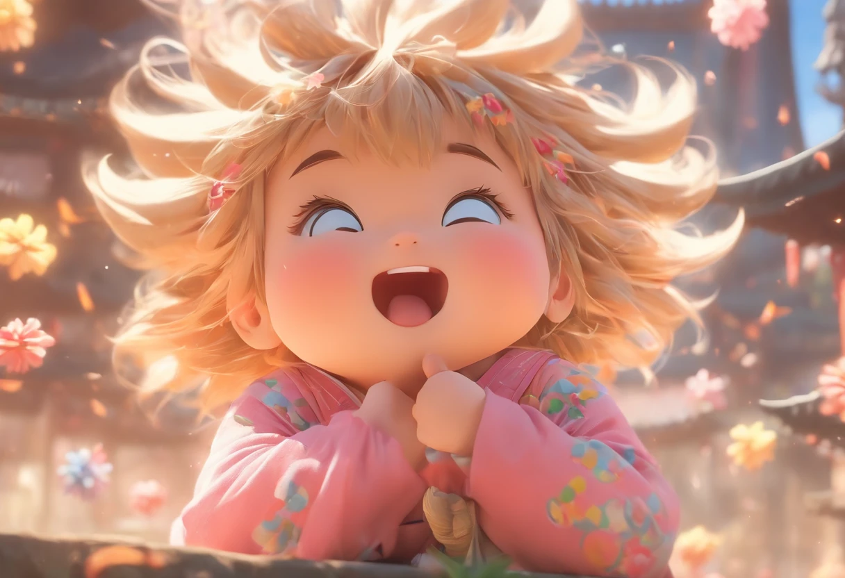 China-style,Look down from the sky,Pastoral baby girl,Cute and cute,Chubby toot,Sit on the roof and blow the wind,ventania,messy shortt hair,Pink flecked pajamas,Cartoon card issuance,Full body like,Detailed and accurate,depth of fields,8K,A high resolution,tmasterpiece,Beautiful wallpapers,high qulity,high detal,s the perfect face,offcial art,blur backgroun, --Niji 5 --Q 2