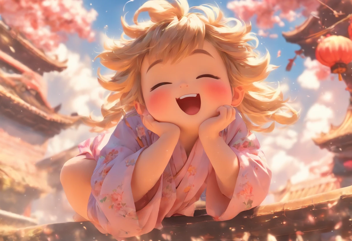 China-style，Look down from the sky，Pastoral baby girl，Cute and cute，Chubby toot，Sit on the roof and blow the wind，ventania，messy shortt hair，Pink flecked pajamas，Cartoon card issuance，Full body like，Detailed and accurate，depth of fields，8K,A high resolution,tmasterpiece,Beautiful wallpapers,high qulity,high detal,s the perfect face,offcial art,blur backgroun, --Niji 5 --Q 2