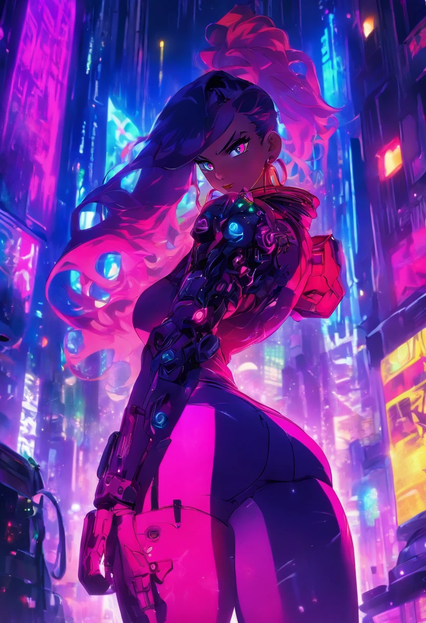 hindquarters, , bubble butt, Elastic docking, (Rear butt view:1.4),(Intense colors:1.5),Close up, Game cover art, 4K, Incredible art, Best quality, gigantic cleavage breasts,Masterpiece, (A MILF:1.2),(Curvy:1.3),(erected:1.4), (Juicy Carmelto:1.3),30 age old,Bigboobs, (Masterpiece), (Realistic), (Best quality), (Ultra-detailed), Amazing,Dystopian future female cyborg detective, wearing a leather trench coat, There are cybernetic eyes and guns in the holster, The background is a city landscape with flashing neon lights.