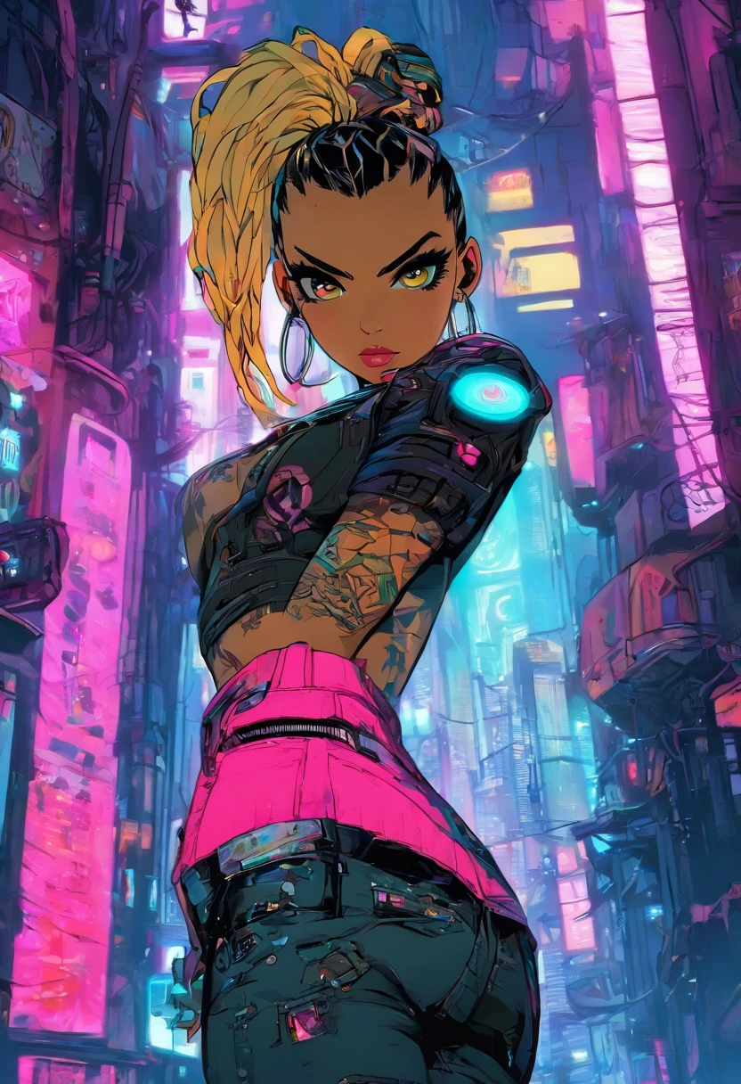 ((Technique artistique cyberpunk par Josan Gonzalez)), (Art inspired by the technique of Charles Lavesso) ,((Best masterpiece in the world)), Art riche en couleurs, ((realism)), (Onze), (extremely beautiful girl: 1.2), mature, Femme sexy, (corps entier), (semi-naked girl), sexy pose, (visage net), (one eye is bionic), (poils en queue de cheval avec variations), shaved and braided hair on the side, cheveux,golden blonde hair, noir, rouge, random hair lock color, corps parfait, Bouche de fraise avec brillance, bouche peu ouverte, eyes symmetrical, seductive look, beautiful eyes ultra detailed and with brightness), Makeup, Des mains parfaites avec 4 doigts et un pouce, full buttocks and rounded medium and laterally, tendency ass of the Brazilian, seins petits et ronds, and protruding areolas), (pubic hair barely visible), piercing dans le nombril, tatouages sur le corps, style de tatouage Irezumi, Taille fine, peau,Peau de Metehumam, hyper detailed skin with visible pores, small discolored body hairs, bionique, legging, (Plateau en plastique cristallin transparent: 1.2), (Sac en plastique transparent), (tissu plastique cristallin transparent), wet with sweat, (see through fabric), Veste style Cyber Punk, high heel shoes, ((Metropolises night city of Cyber Punk night background extremely detailed: 1.4)), PNJ Cyber Punk Walking, parked sport bikes, (Panneaux: 1.2), Couvercle en verre, disque, Ruelle, plage, paysage, neon light, wet floor, Effet lueur, (8k resolution: 1.2), (Canon EOS R6), tendance artstation, Lumen[, tranchant, Unreal 5, photorealistic art, Ray Tracing, (High Dynamic Range 10 plus), surrealism, ombre, stereogram, Lens Flare light, (hyper realistic light and shadow: 1.2) ;