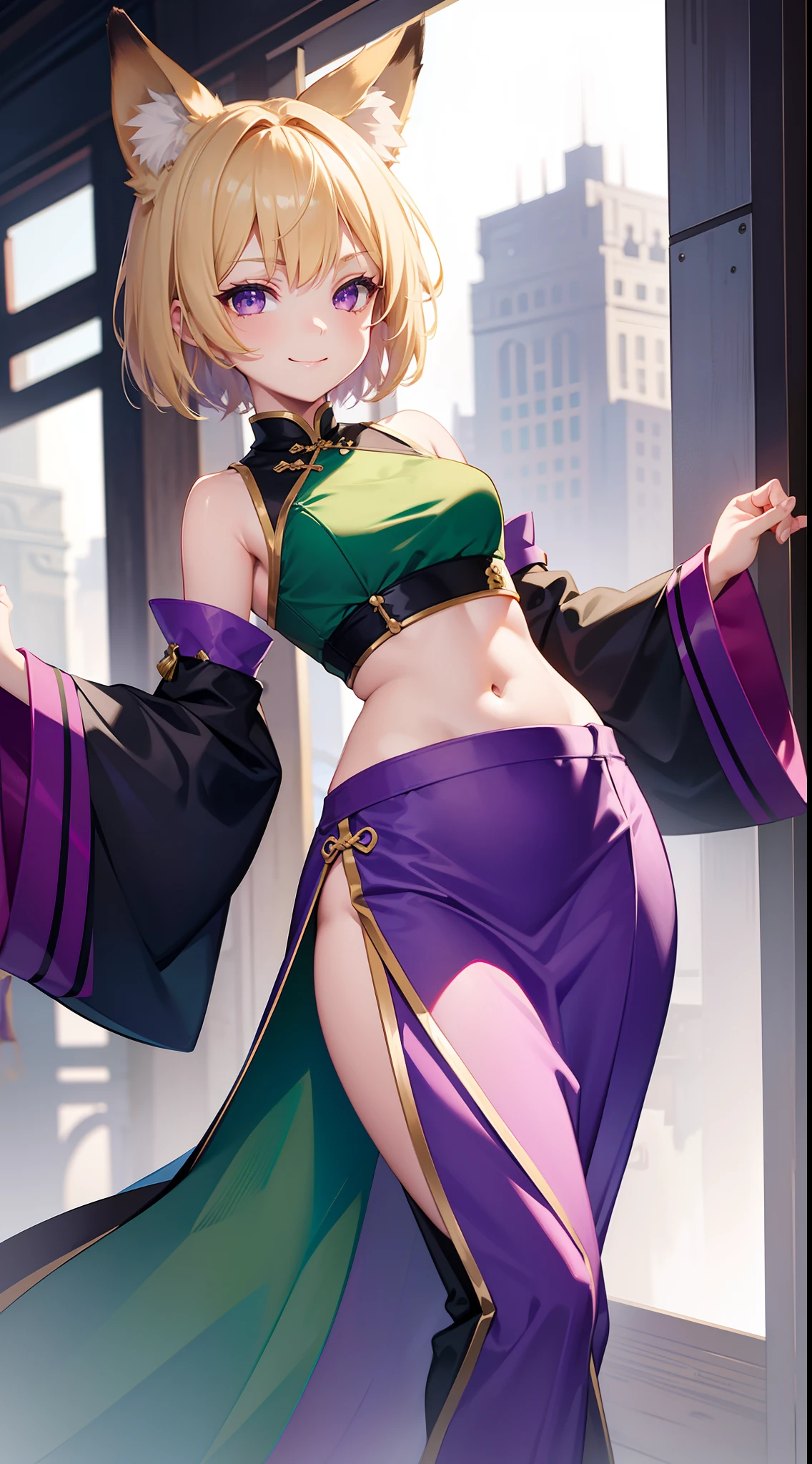 young girl, short blonde hair, Fox ears, violet eyes, long chinese skirt, Green Chinese tight top, open belly, smirk, Masterpiece, hiquality
