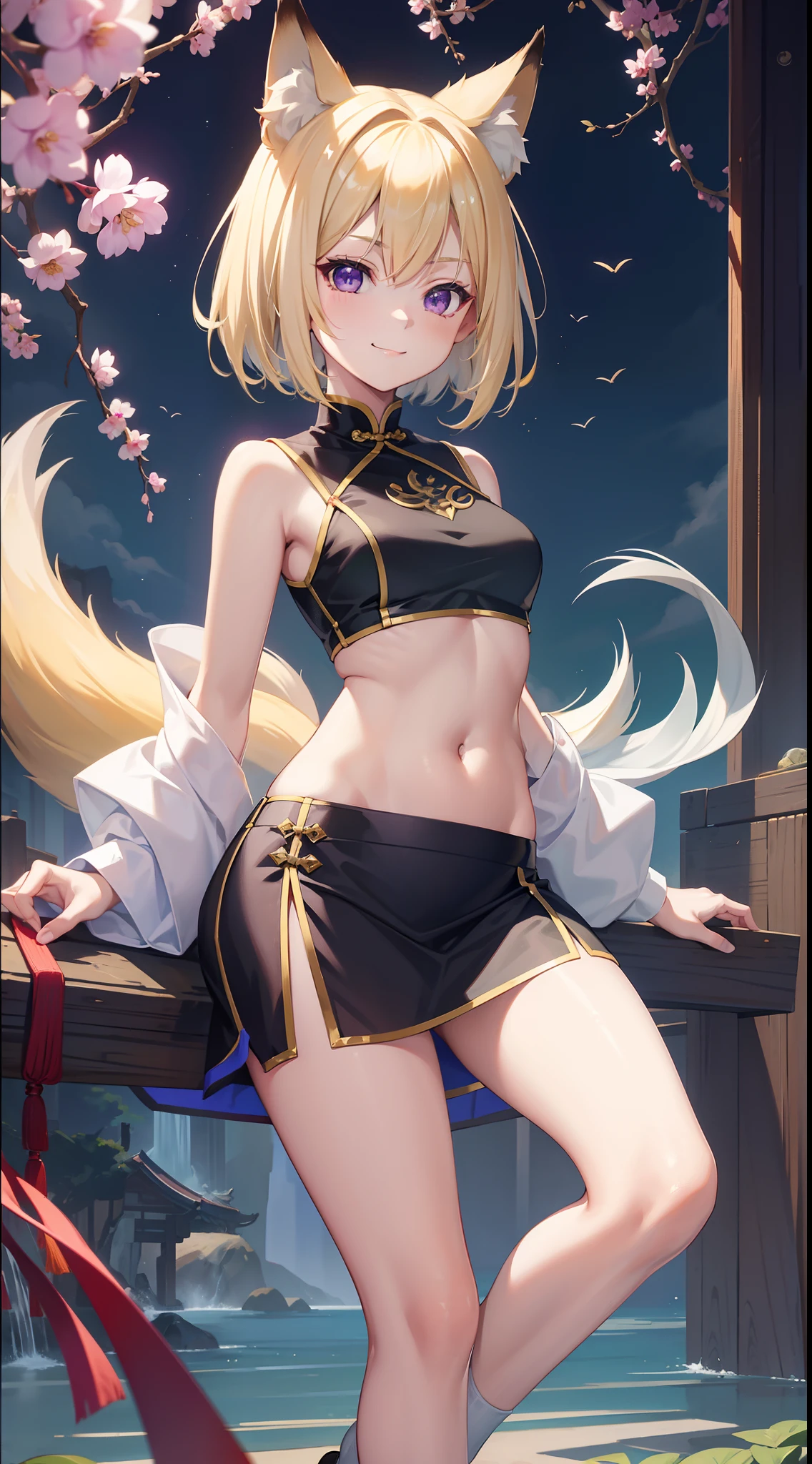 young girl, short blonde hair, Fox ears, violet eyes, long chinese skirt, Green Chinese tight top, open belly, smirk, Masterpiece, hiquality
