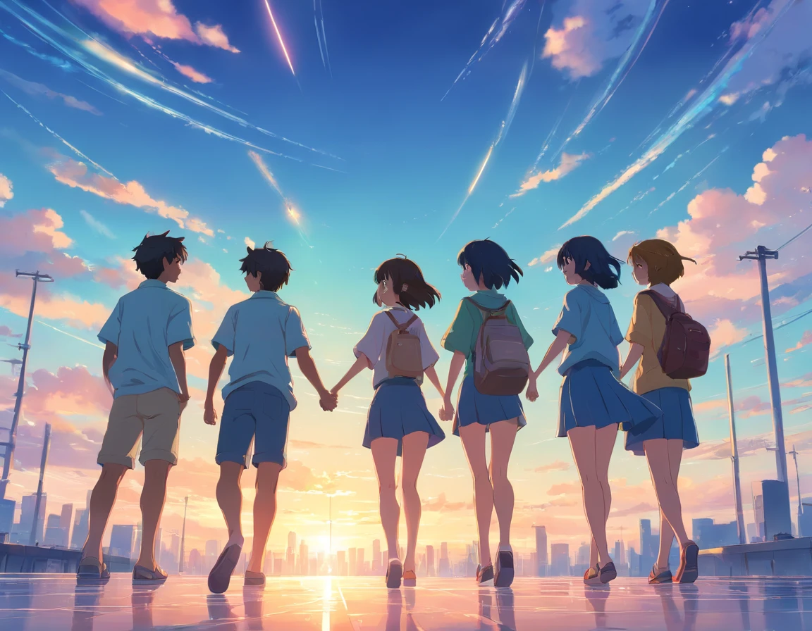 scene, five friends, happy, together