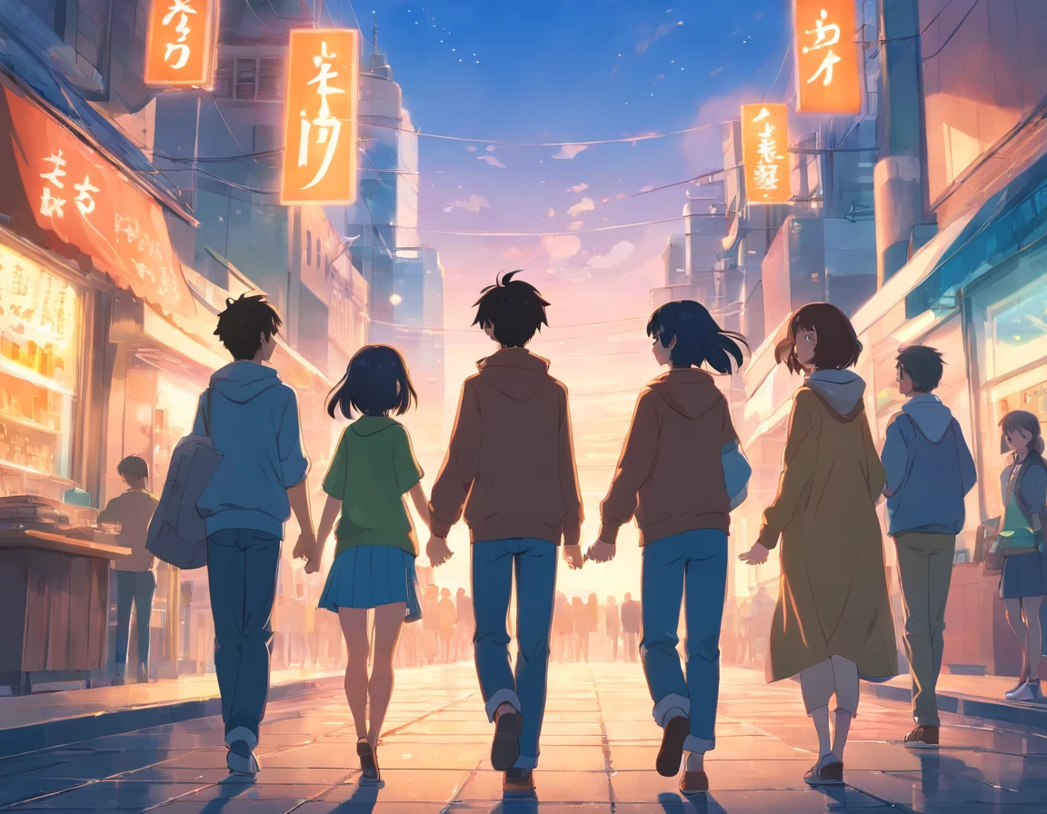 scene, five friends, happy, together
