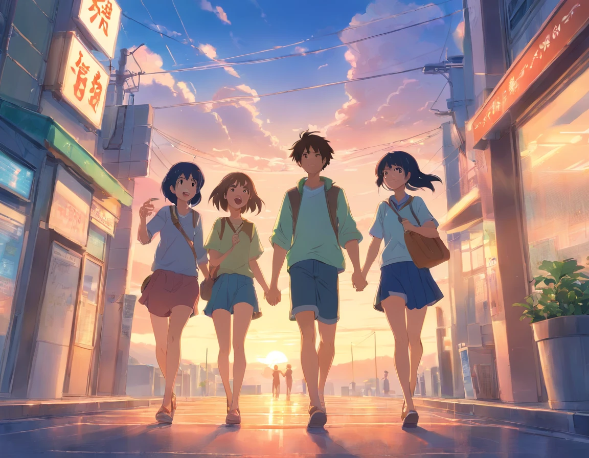 scene, five friends, happy, together