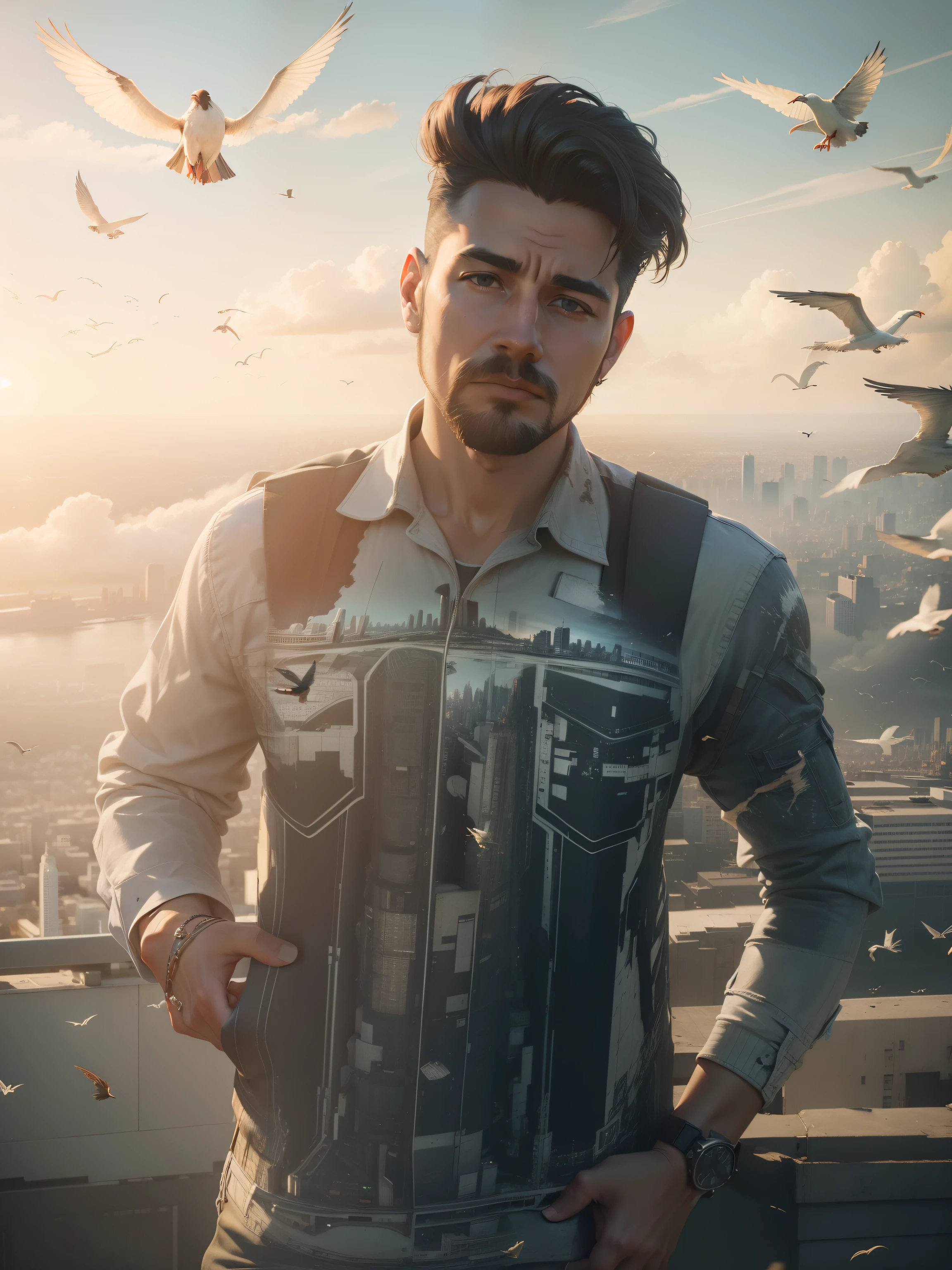 City view in background, fly birds, bird, big building, realistic, ultra high quality, 8k