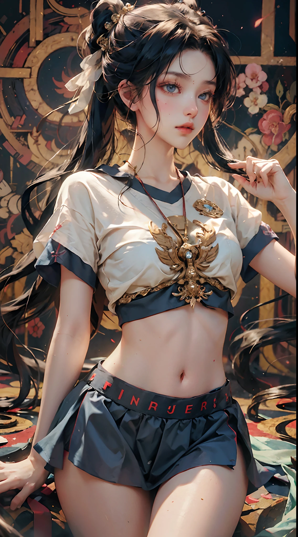 tmasterpiece,top Quority,(realisticlying,realisticlying:1.4),(RAW photos:1.2),Very delicate CG Unity 8K wallpaper,very delicate beautiful,Wonderful,Boxing pose,The attention to detail,offcial art,absurderes,Incredibly Ridiculous res,hugefilesize,Very fine,very refined,Beautiful eyes and face,Beautiful exquisite eyes,light in face,one-girl,pony tails,(pompons)nabel,A half body,PE uniform short sleeve crop top T-shirt, Bare arms, By bangs,