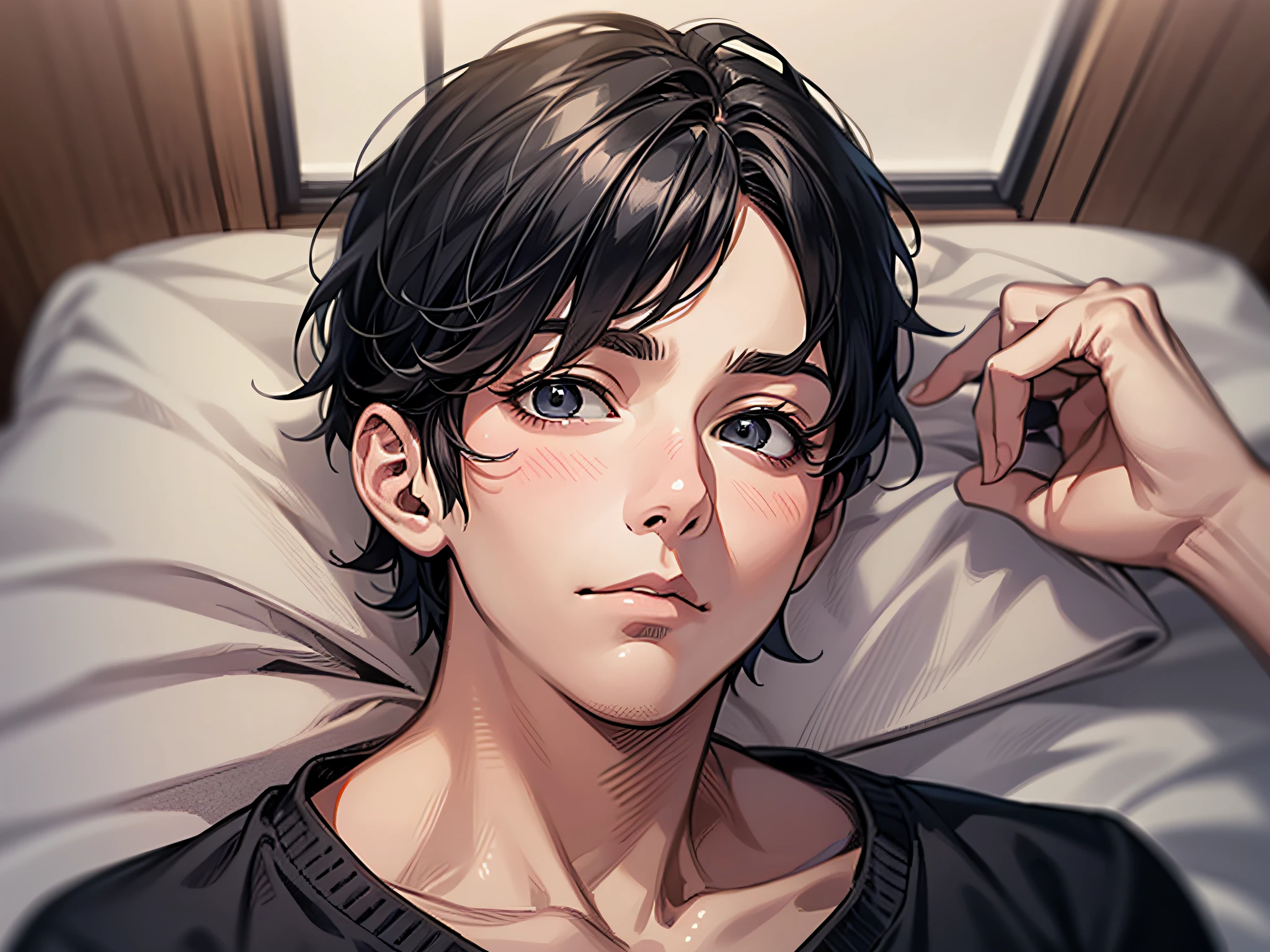 masutepiece, High quality, Best Quality, hard disk, Realistic, Perfect Lighting, Detailed face, Detailed body, 1 man, Short black hair, (Innocent expression: 1.5) (Innocent face: 1.5), Stand in your room while sleeping,excited、I'm