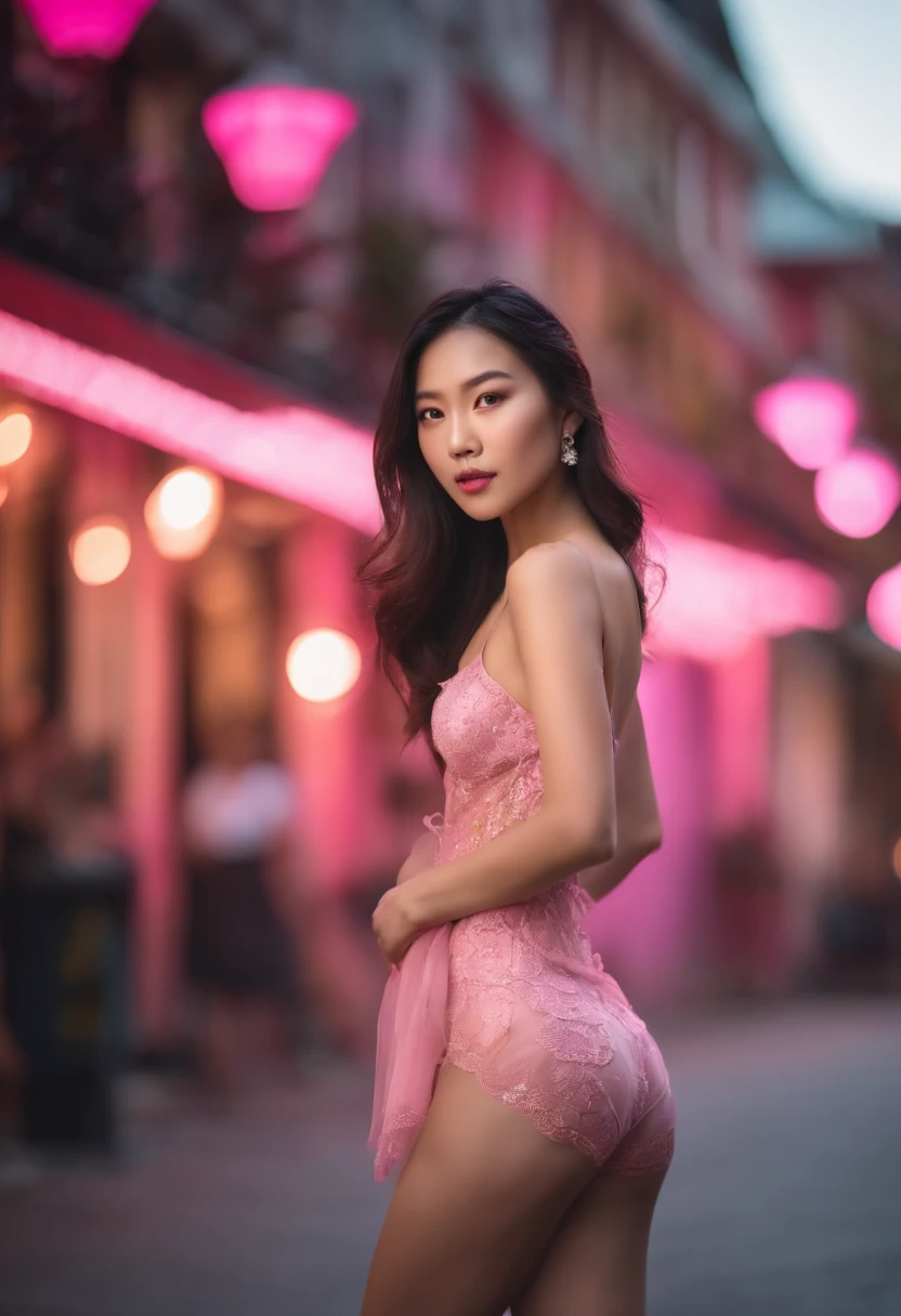 A young asian woman standing on the street, posing for fashion shoot, pink lingerie, blur background, beatiful, photorealistic