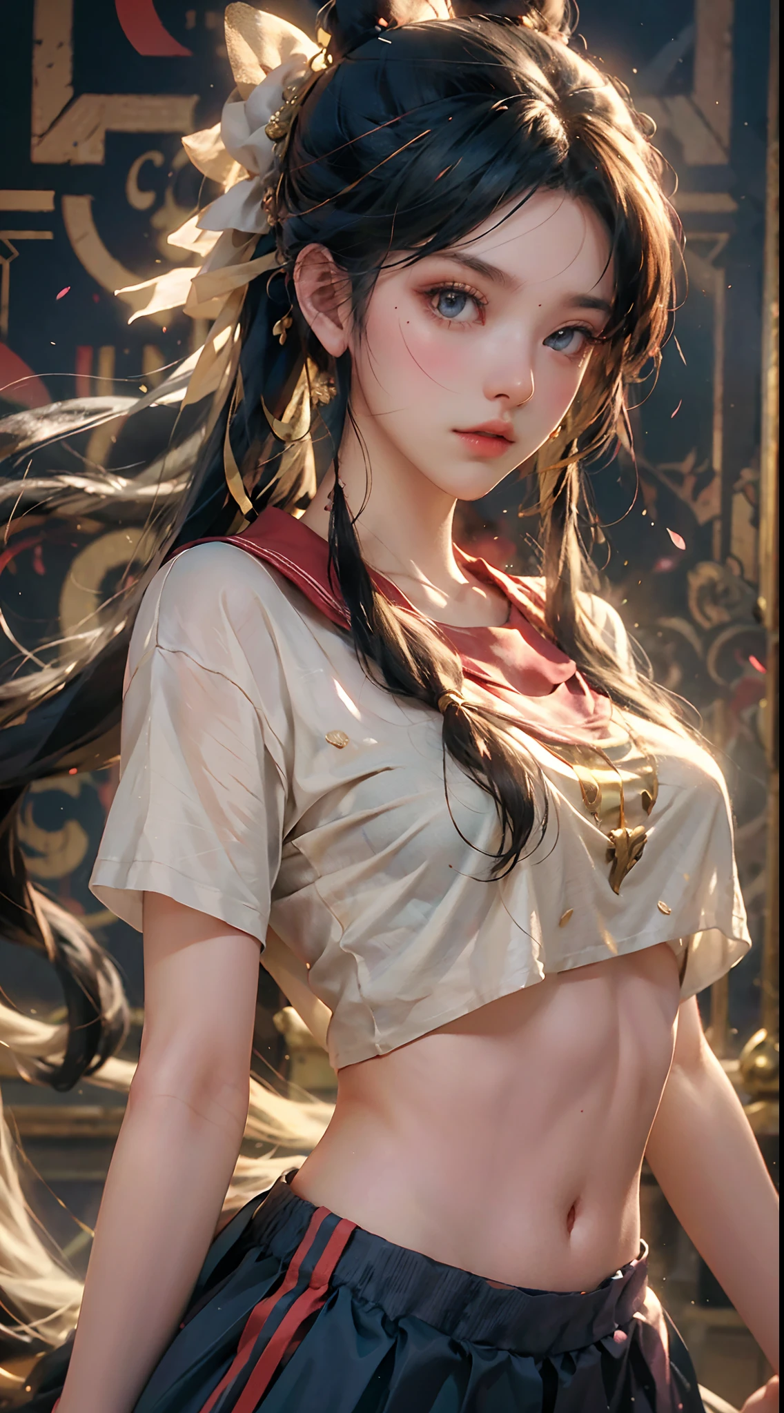 tmasterpiece，top Quority，（realisticlying，realisticlying：1.4），（RAW photos：1.2），Very delicate CG Unity 8K wallpaper，very delicate beautiful，Wonderful，Boxing pose，The attention to detail，offcial art，absurderes，Incredibly Ridiculous res，hugefilesize，Very fine，very refined，Beautiful eyes and face，Beautiful exquisite eyes，light in face，one-girl，pony tails，（pompons）nabel，A half body，PE uniform short sleeve crop top T-shirt，  Bare arms， By bangs，