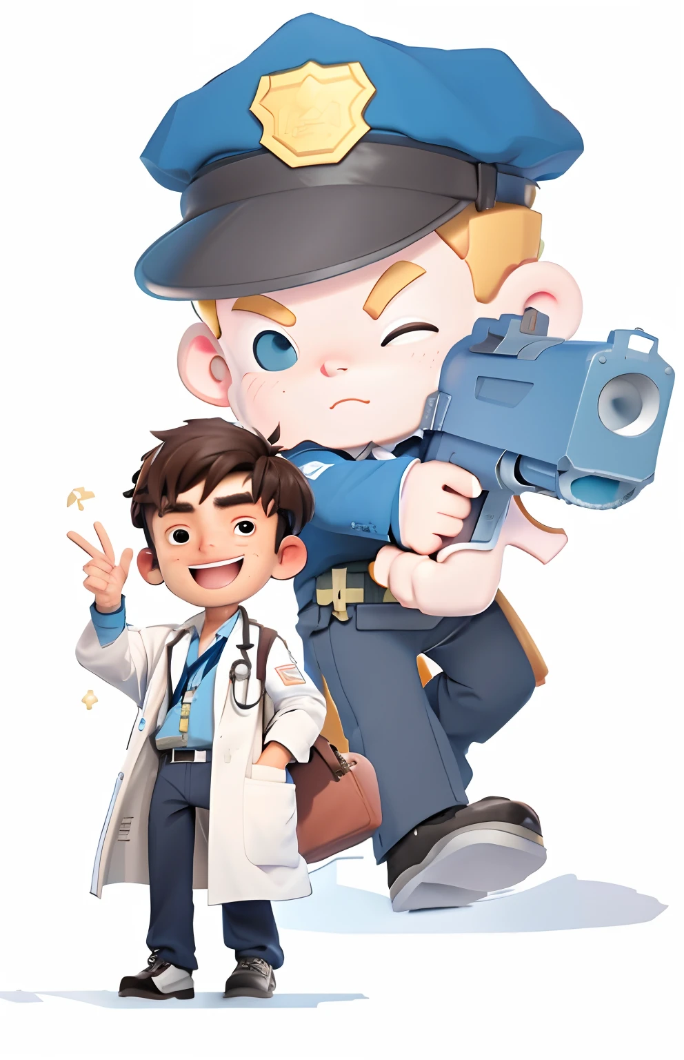 frontage、dynamic shot、Young brunette man in white doctor's coat and police officer with pistol