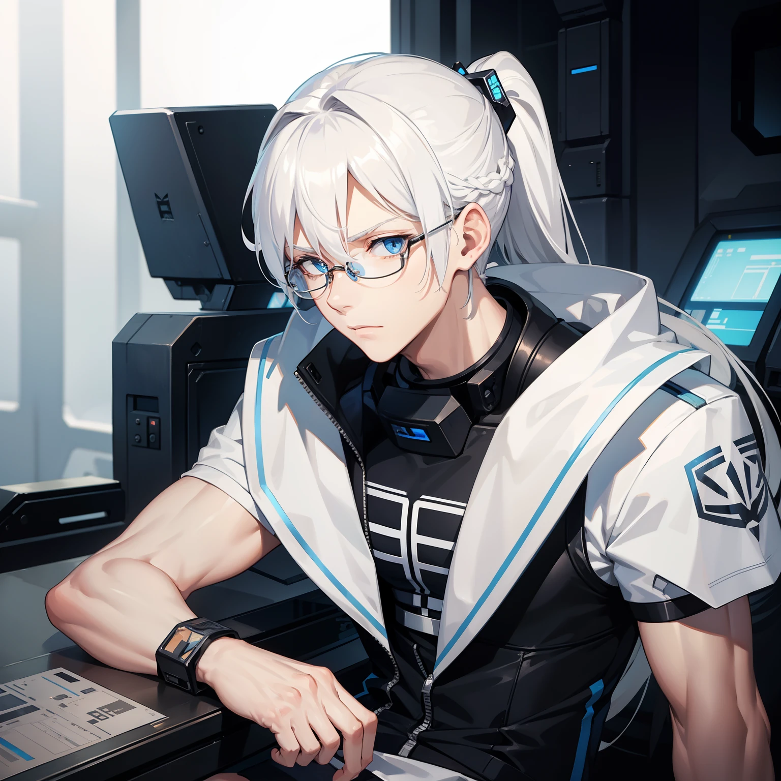 Male, white hair, man, blue eyes, tank top outfit, at the mecha cockpit, long hair, ponytail hair, glasses, (solo)