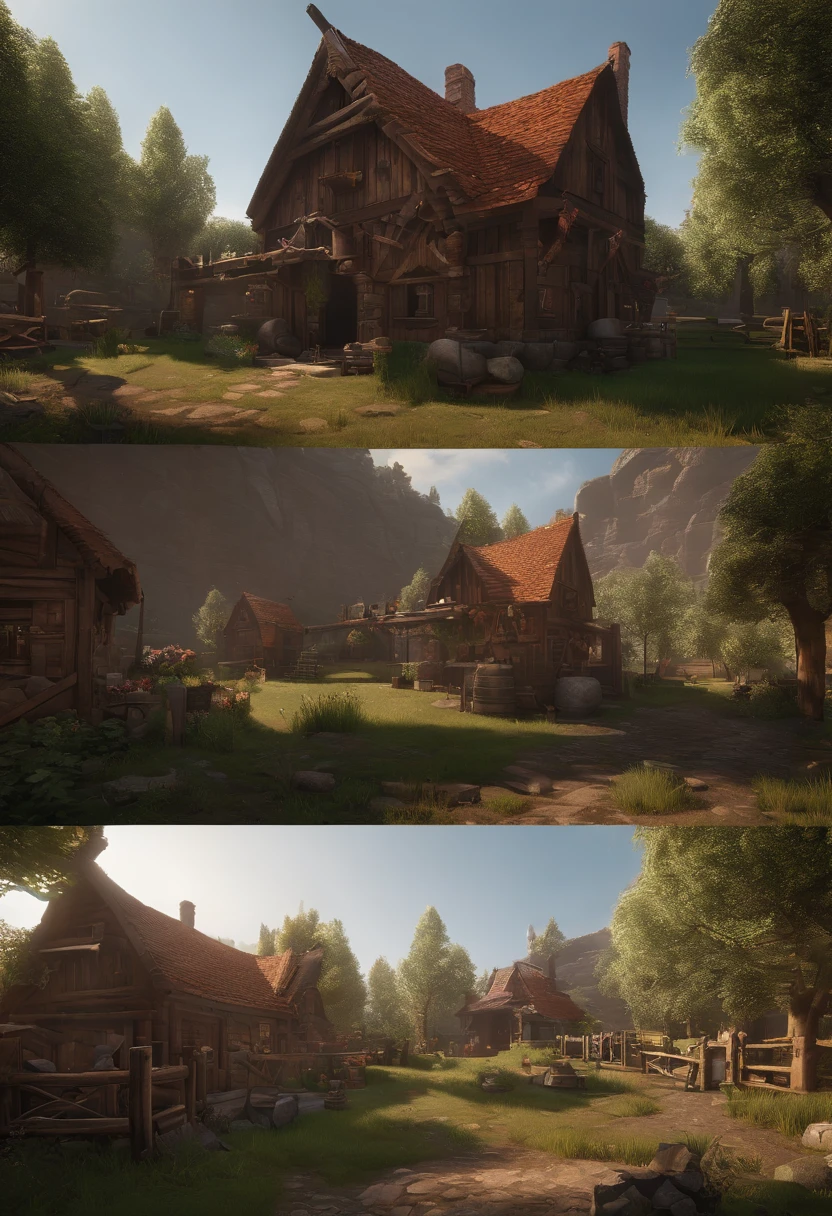 game footage,isometry,Pixel play style,pixal style,Blacksmith shop,in a panoramic view,depth of fields,high light,Real light,Ray traching,oc rendered,Hyper-realistic,best qualtiy,8K,Works of masters,super-fine,Detailed pubic hair
