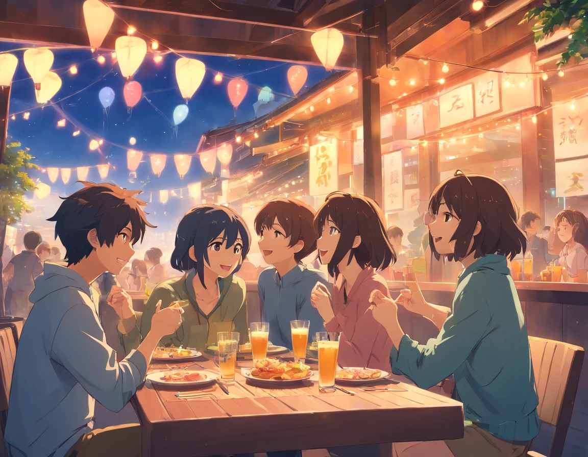 scene, five friends, happy, together, party