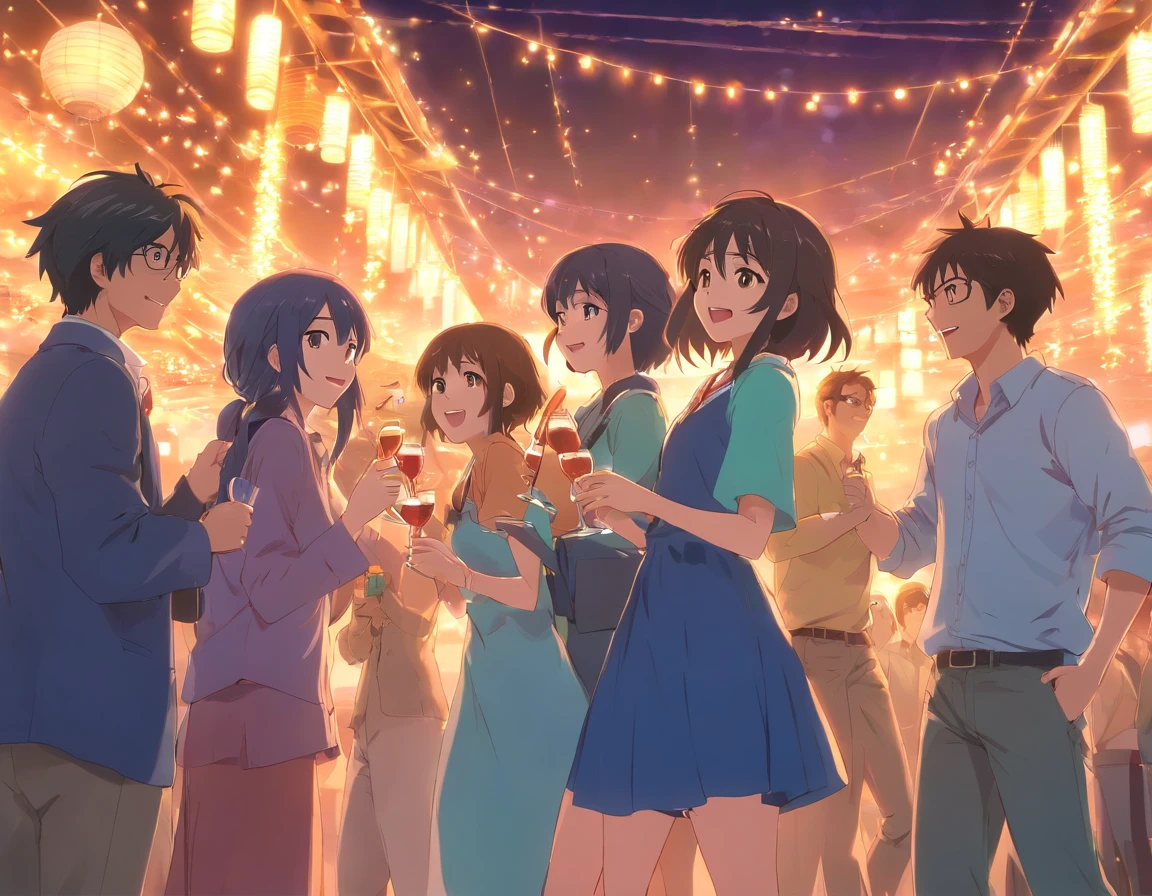 scene, five friends, happy, together, party