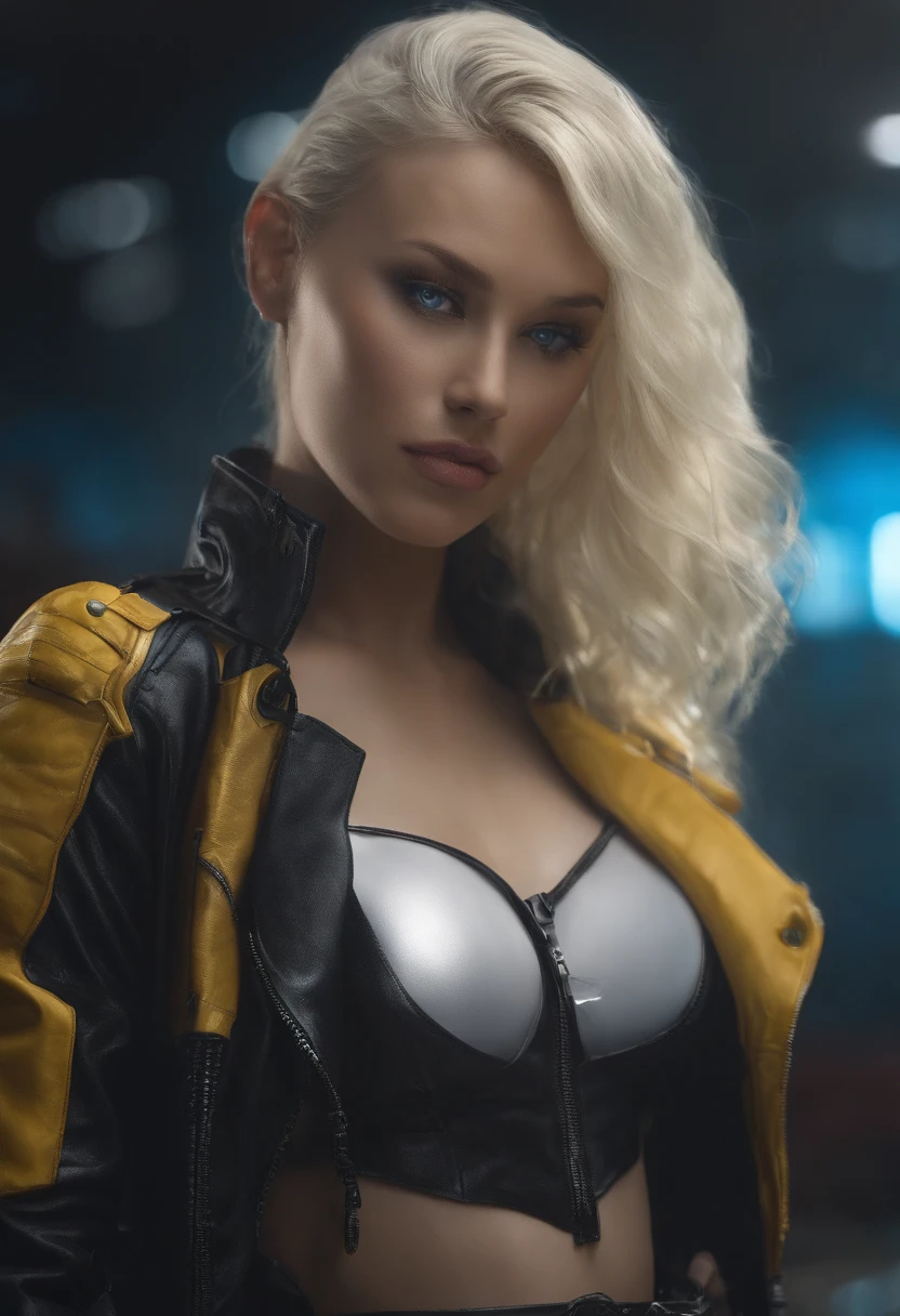 best qualtiy,tmasterpiece,超高分辨率,cyberpunk backgrouns,piercingeyes,1个Giant Breast Girl,blonde with blue eyes,looking at viewert,long whitr hair,Light makeup,cparted lips,Translucent leather clothing,Translucent thong,Get wet,Perfect beauty,Bare back,Stand sideways,Gantz animated leather jacket