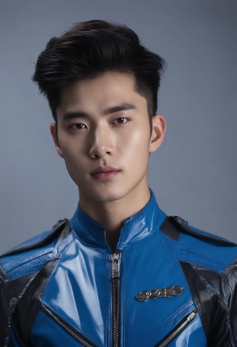 Handsome Chinese male high school student，Wearing a PVC blue motorcycle suit，There are zippers，greybackground