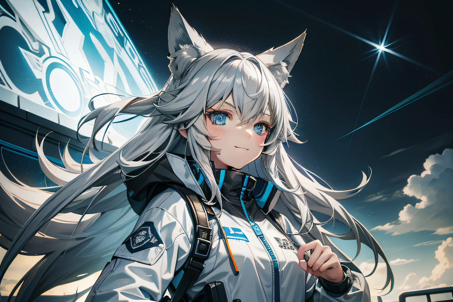 Long gray hair,fox ear,teens girl,Storm jacket,blue color eyes,Medical kits,ssmile.。.。.。.。.。.3D
