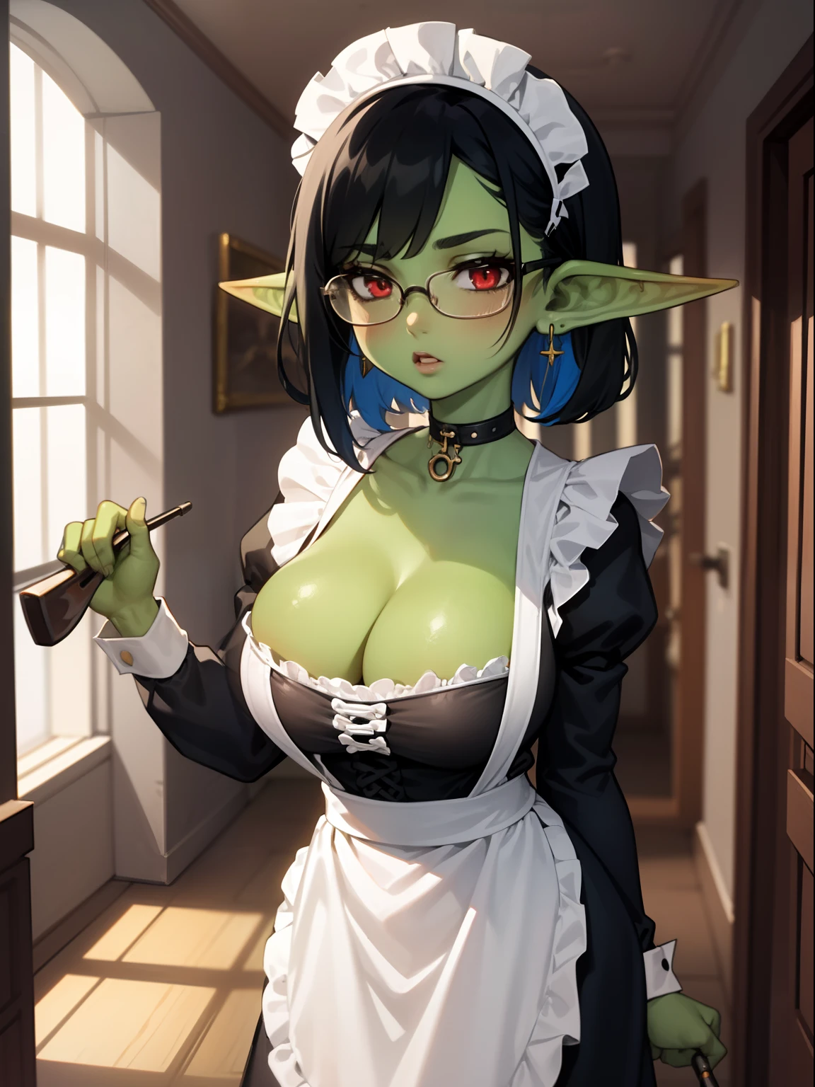 1girl,solo,goblin girl,black hair, short hairs,red eye,colored skin,green skin,huge breasts,glasses,(maid),cleavage ,ring earrings,chocker,standing,mansion hallway,cowboy shot,apron