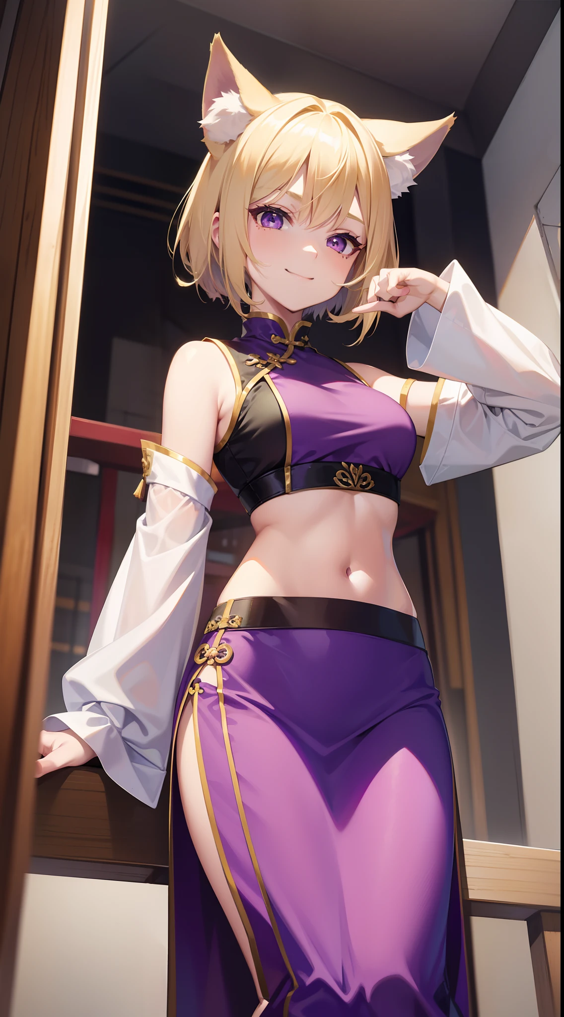 young girl, short blonde hair, Fox ears, violet eyes, long chinese skirt, Green Chinese tight top, open belly, smirk, Masterpiece, hiquality