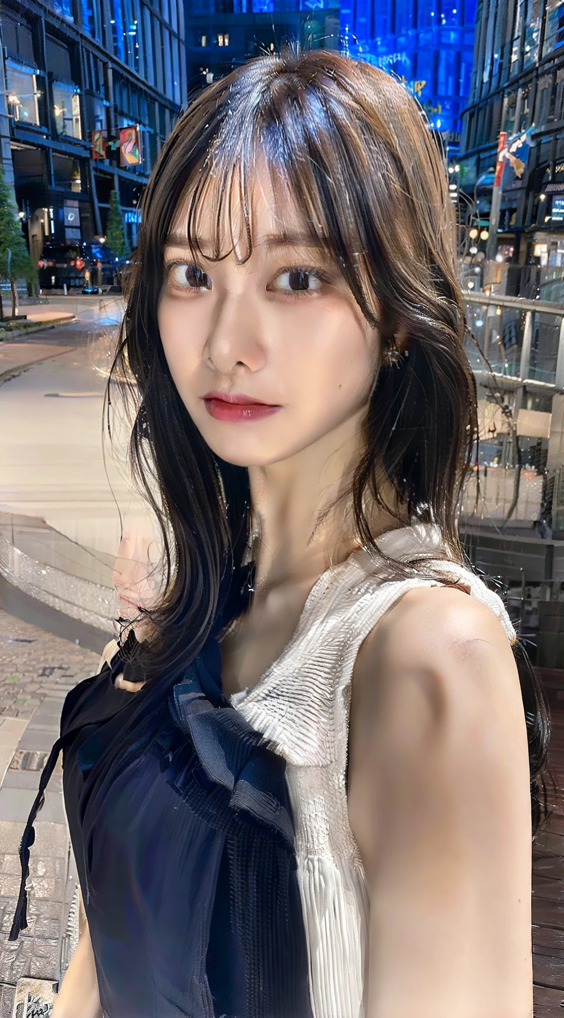 ((Best quality, 8k, Masterpiece :1.3)), Sharp focus :1.2, perfect figure beautiful woman:1.4, Slim abs:1.2, ((Layered Hair Style:1.2)), (Tank top shirt:1.1 ), (city night scene:1.2), Highly detailed facial and skin texture, A detailed eye, 二重まぶた