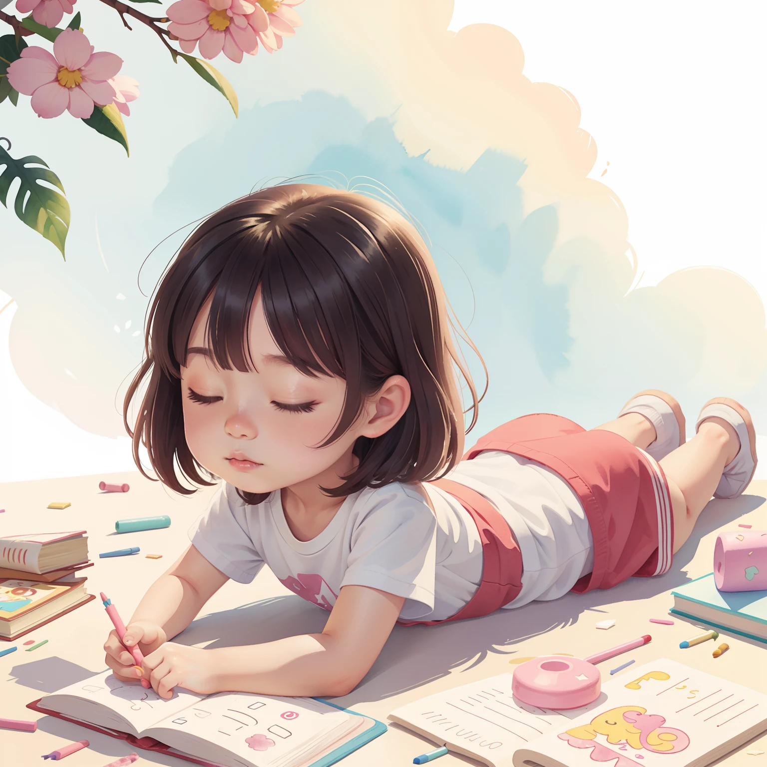 Healing children coloring book illustration watercolor, in pastel shades ，A little girl。Lazily lying on the ground。Eyes closed slightly。。There were some books and toys scattered on the ground。hair messy。The upper body is wearing a white T-shirt。The lower body is wearing red shorts。