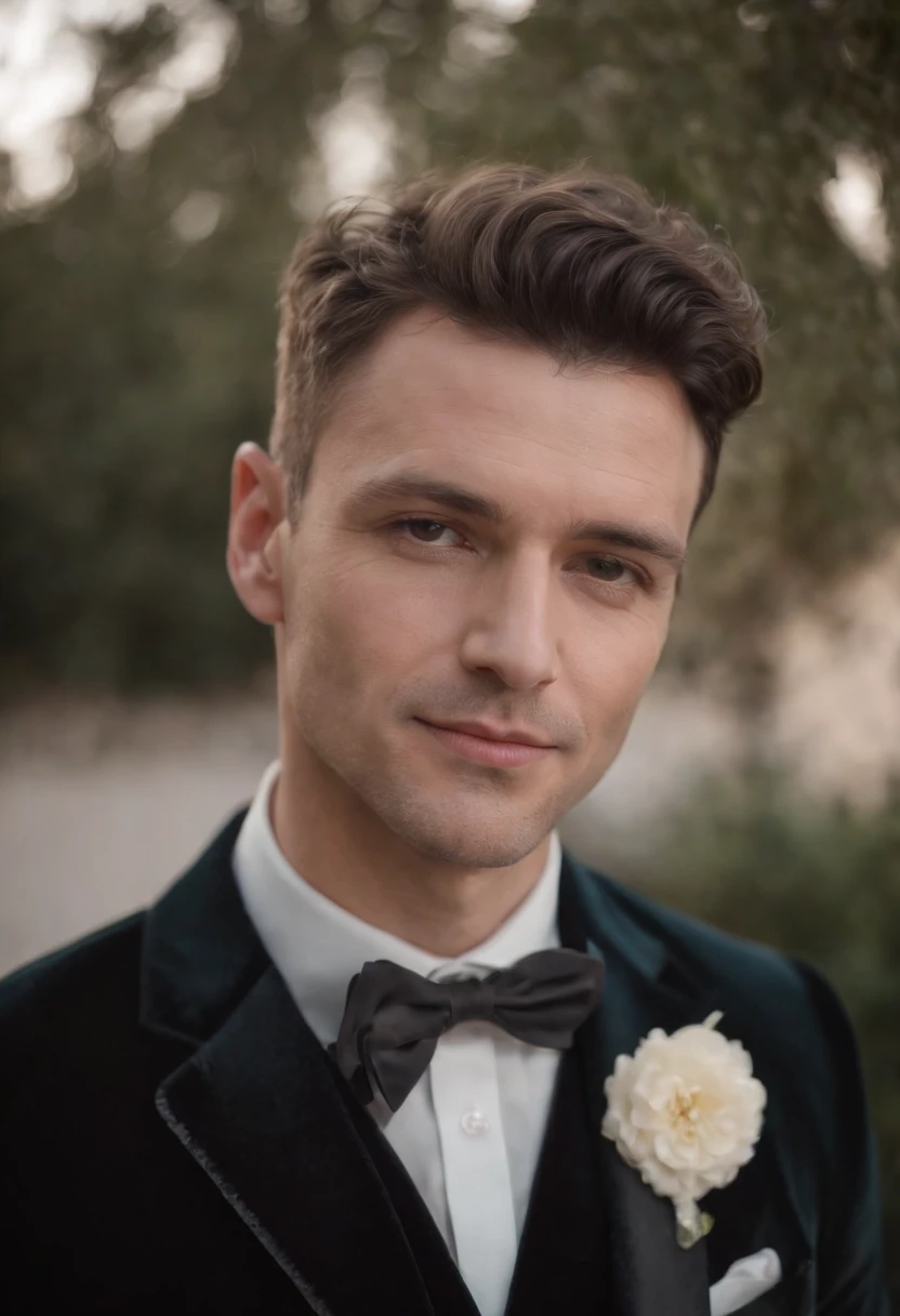 Cinematic photo, wide angle, of a handsom man, 40 years old, shaven , short curly brown hair, black tight velvet suit, white shirt with black flower patterns. Minimalistic background, clean composition, strong details, Muted Colours, Hasselblad --style raw
