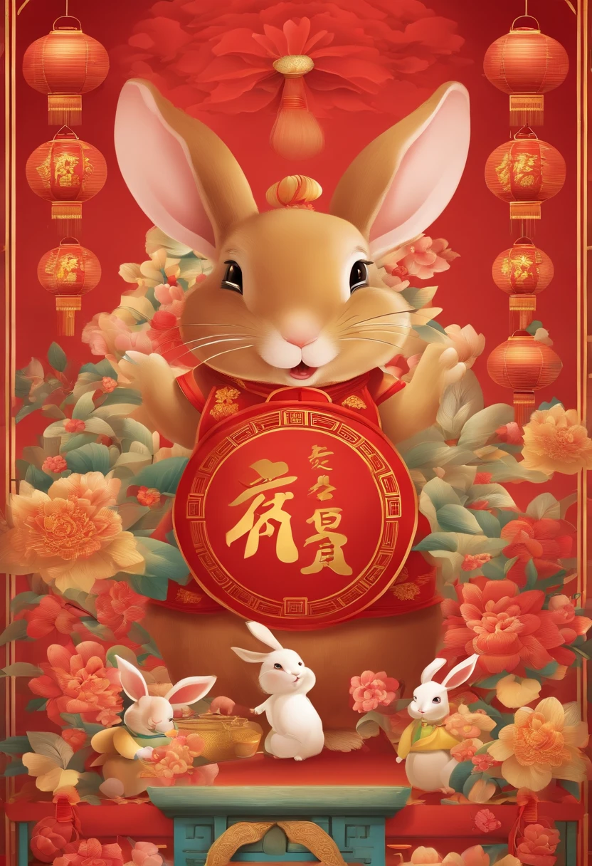 Chinese New Year，Year of the Rabbit，Big red，cartoony，Commercial posters，There are decorations around，delight