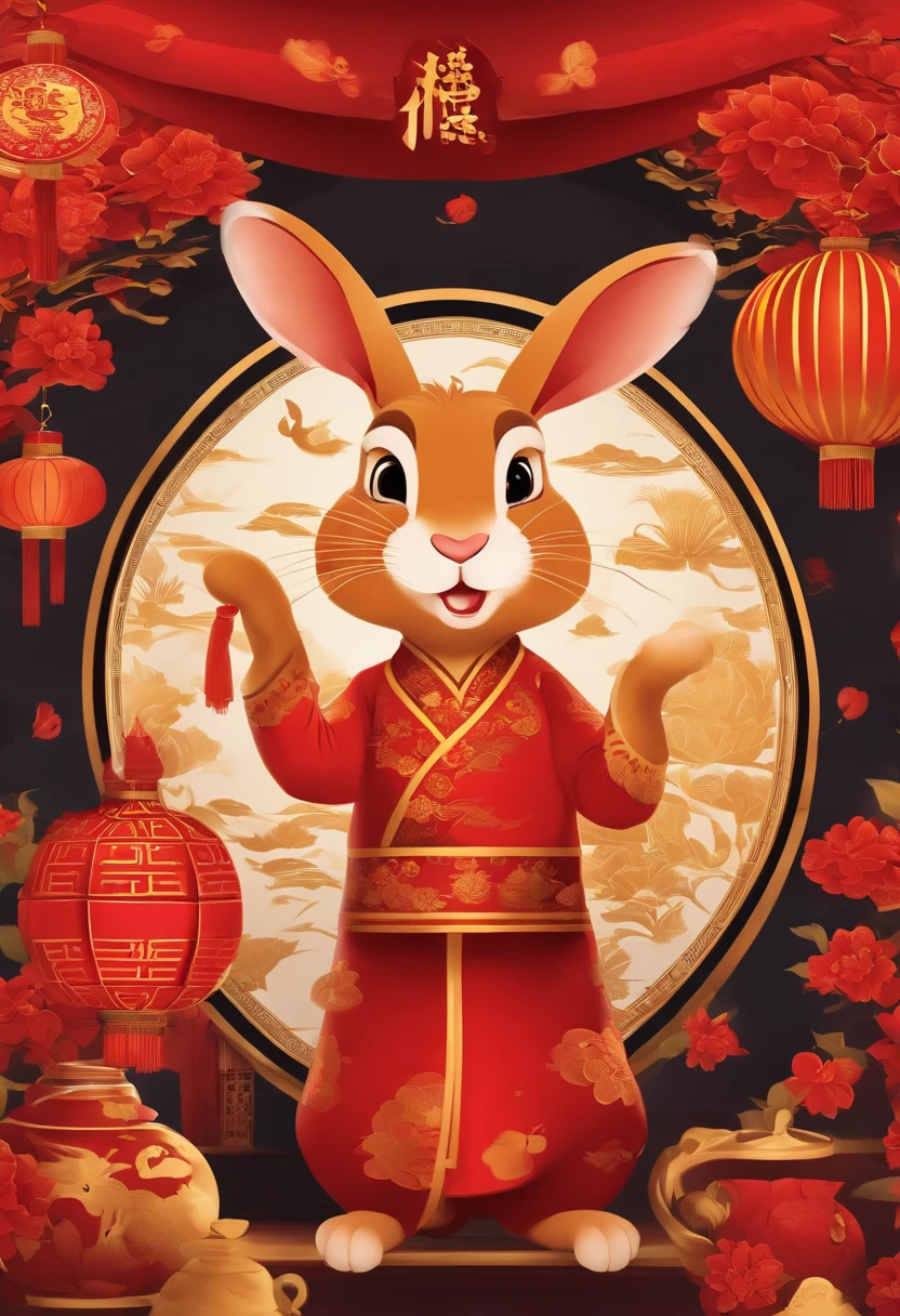 Chinese New Year,Year of the Rabbit,Big red,cartoony,Commercial posters,There are decorations around,delight