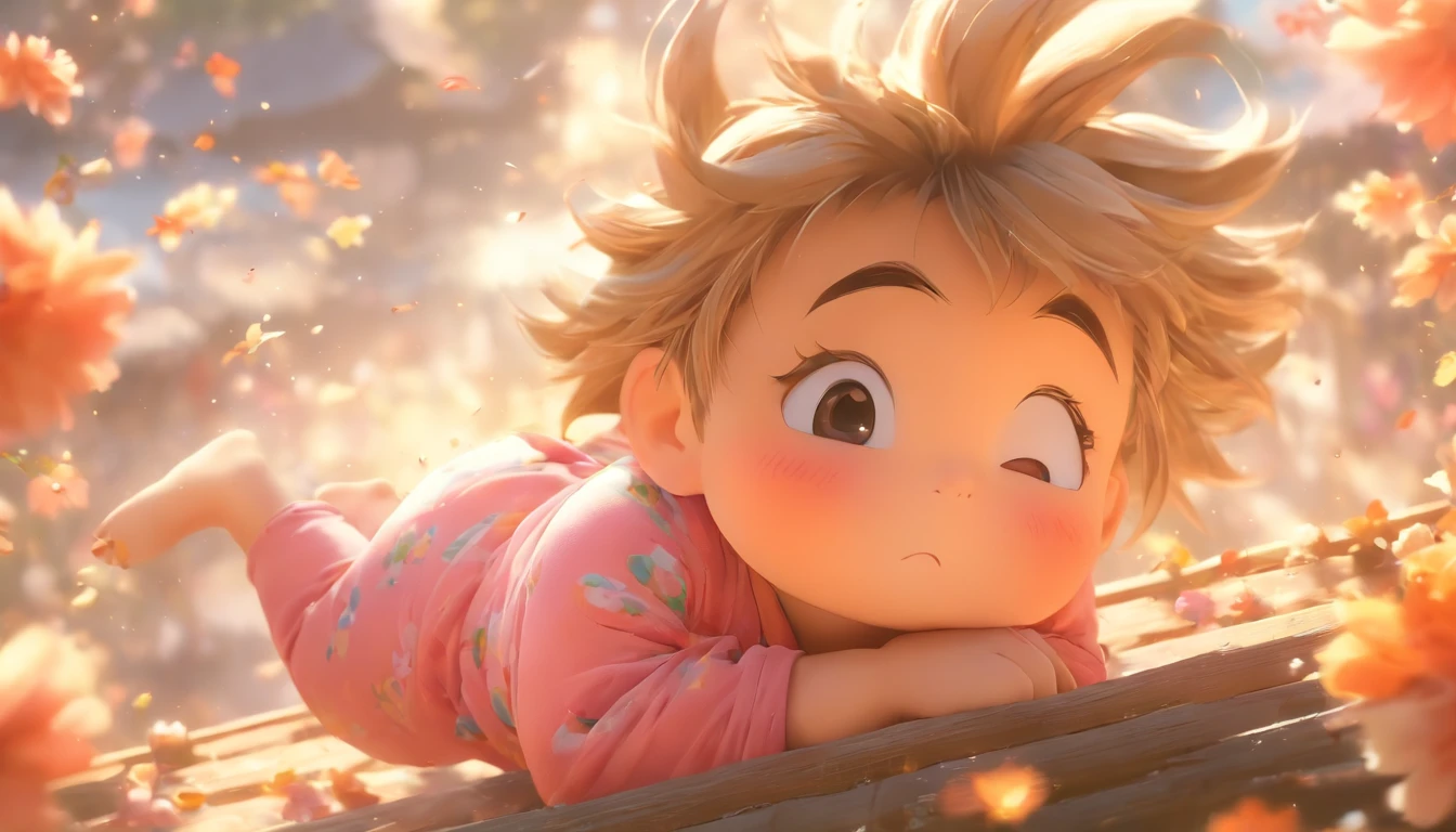 China-style,Look down from the sky,Pastoral baby girl,Cute and cute,Chubby toot,Sit on the roof and blow the wind,ventania,messy shortt hair,Pink flecked pajamas,Cartoon card issuance,Full body like,Detailed and accurate,depth of fields,8K,A high resolution,tmasterpiece,Beautiful wallpapers,high qulity,high detal,s the perfect face,offcial art,blur backgroun, --Niji 5 --Q 2