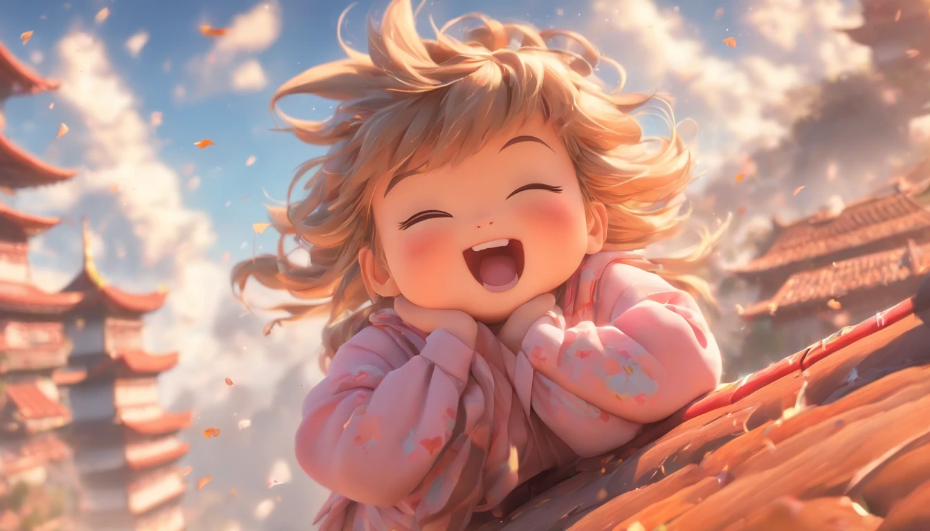 China-style，Look down from the sky，Pastoral **** girl，Cute and cute，Chubby toot，Sit on the roof and blow the wind，ventania，messy shortt hair，Pink flecked pajamas，Cartoon card issuance，Full body like，Detailed and accurate，depth of fields，8K,A high resolution,tmasterpiece,Beautiful wallpapers,high qulity,high detal,s the perfect face,offcial art,blur backgroun, --Niji 5 --Q 2