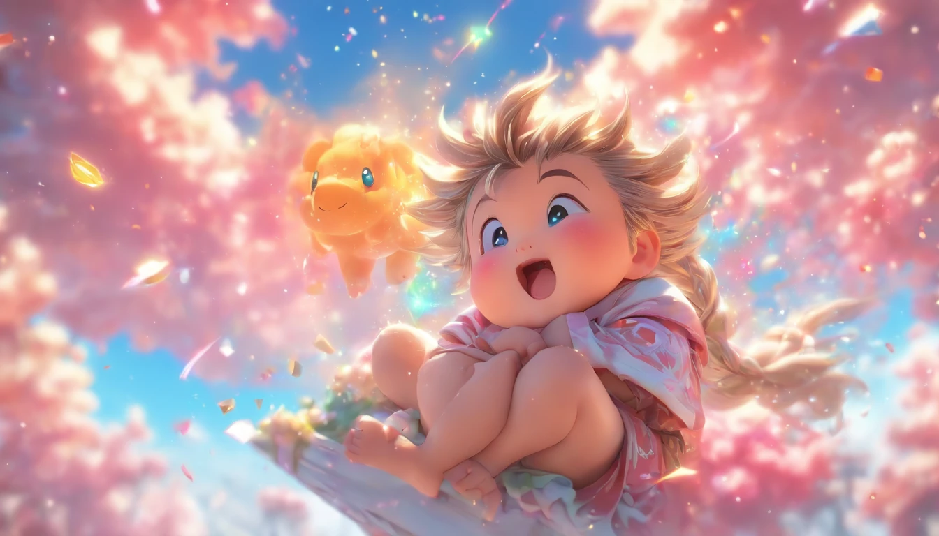 China-style，Look down from the sky，Pastoral baby girl，Cute and cute，Chubby toot，Sit on the roof and blow the wind，ventania，messy shortt hair，Pink flecked pajamas，Cartoon card issuance，Full body like，Detailed and accurate，depth of fields，8K,A high resolution,tmasterpiece,Beautiful wallpapers,high qulity,high detal,s the perfect face,offcial art,blur backgroun, --Niji 5 --Q 2