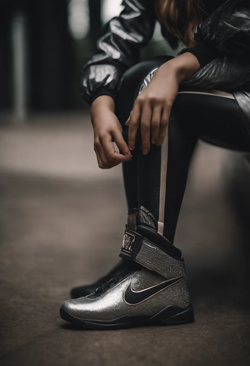 A female student is wearing metal armor with a fashionable sticker on the armor, her foot wearing Nike Air Shoes made of a diamond and germs.