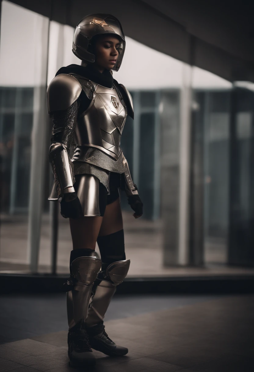 A female student is wearing metal armor with a fashionable sticker on the armor, her foot wearing Nike Air Shoes made of a diamond and germs.