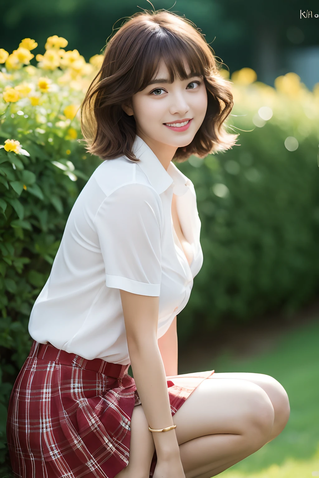 nsfw, 8K raw photo, Best quality, masterpiece, ultra high res, film grain, filmg, 1girl, looking at viewer, natural skin texture, realistic eye and face details, full lips, lipstick, (makeup), red eyeshadow, fluffy short hair, messy hair, smile, close mouth, beautiful legs, tall female, skinny, slim_legs, solo, enormous breast, cleavage, Pose with buttocks facing you, ultra short skirt, ass, shirt, beautiful nature location, around flower location, (detailed background), plaid skirt, white shirt, enormous breast, cleavage, Show a little cleavage through the shirt, loafers, blurry background, blurry, holding, plaid, short sleeves, jk ribbon on the neck, jk ribbon, brown hair, bracelet, water, bangs, school uniform, jewelry, parted lips, lips, from side, pleated skirt, depth of field