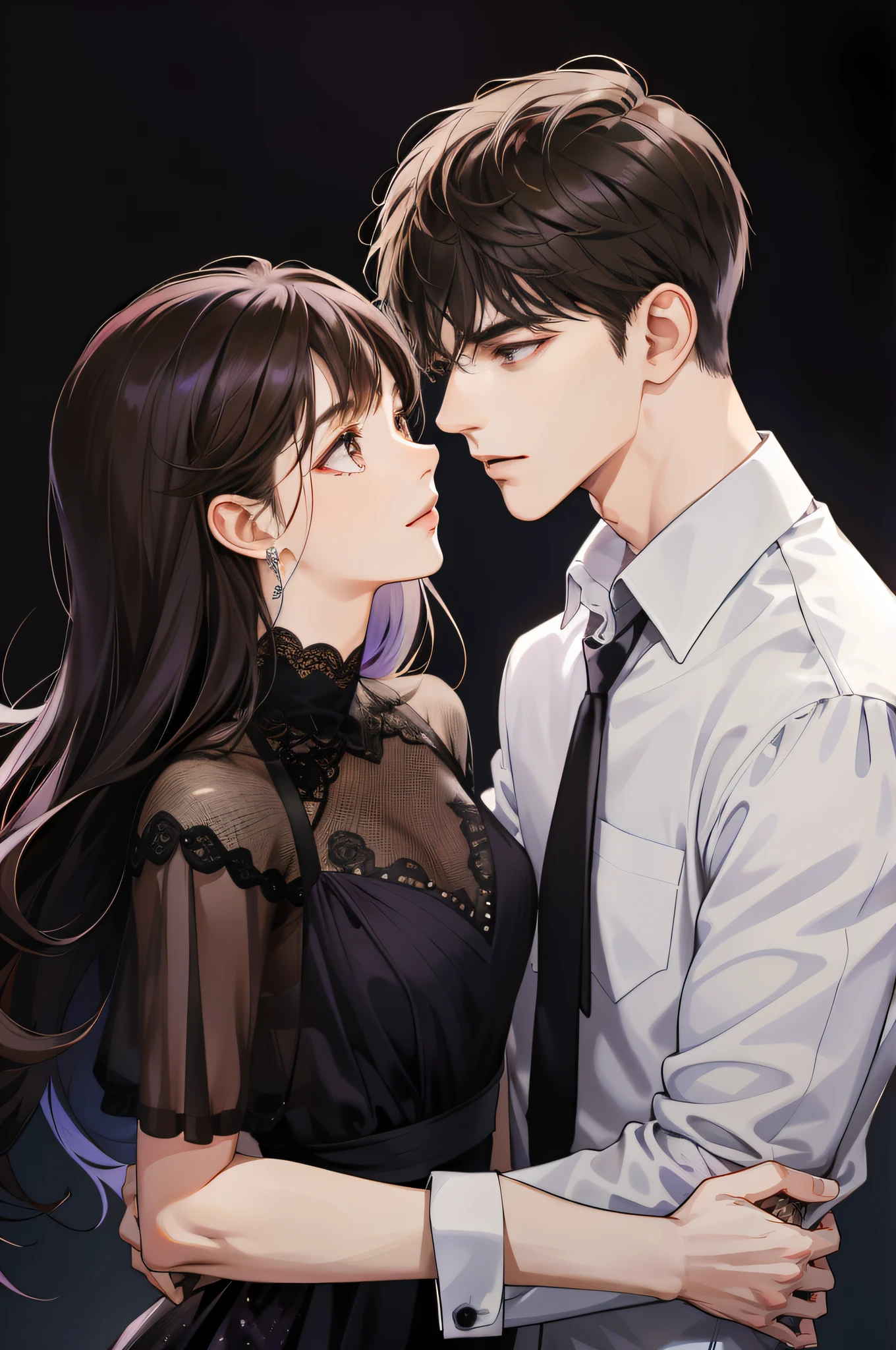 couple, 1 Girl 1 Boy, Face-to-face closure,Tease each other,Height difference,The boy was cold,The girl is shy,different hair color, Long black hair and brown eyes, Short light brown hair and gray eyes, Romance, Purple suite, Pink dress, United Kingdom, Luxury room background, Face to face, Romantic