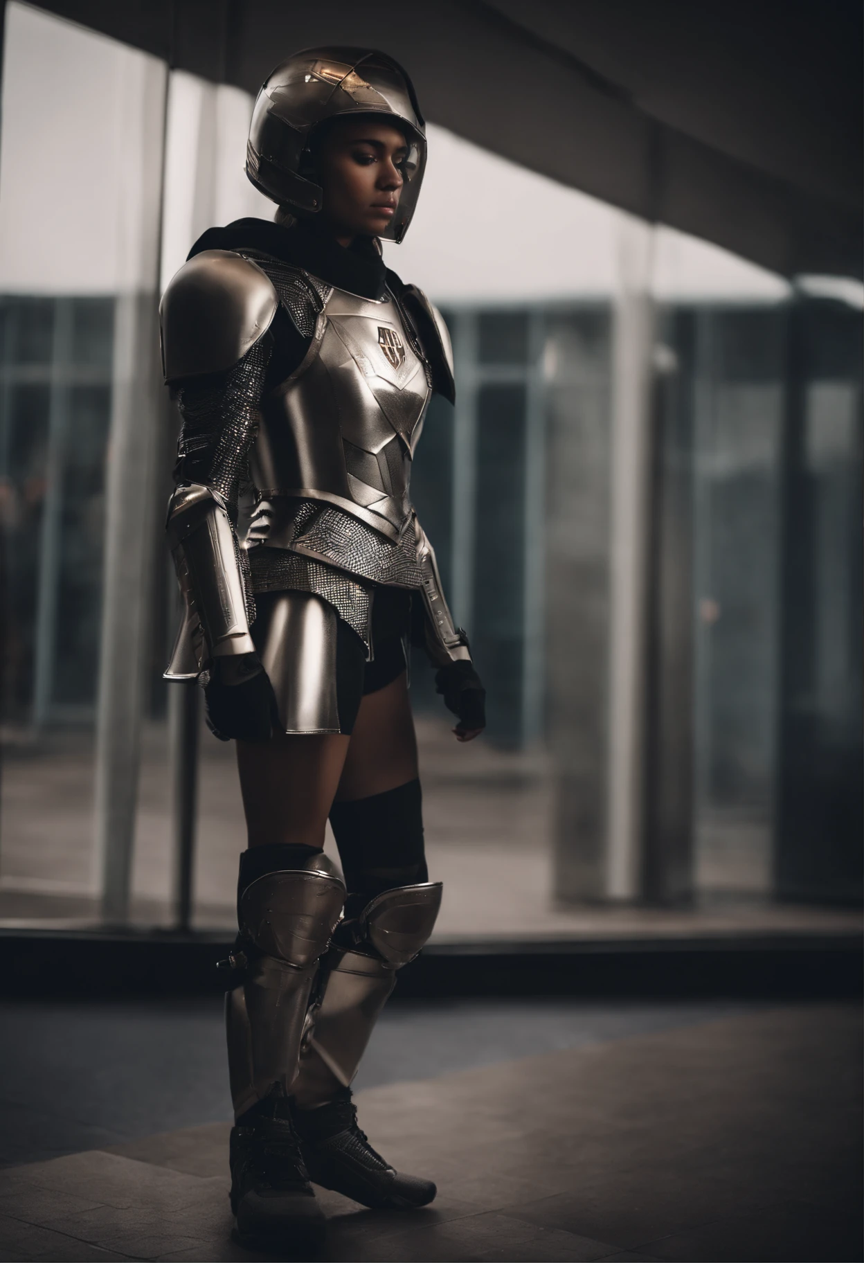 A female student is wearing metal armor with a fashionable sticker on the armor, her foot wearing Nike Air Shoes made of a diamond and germs.