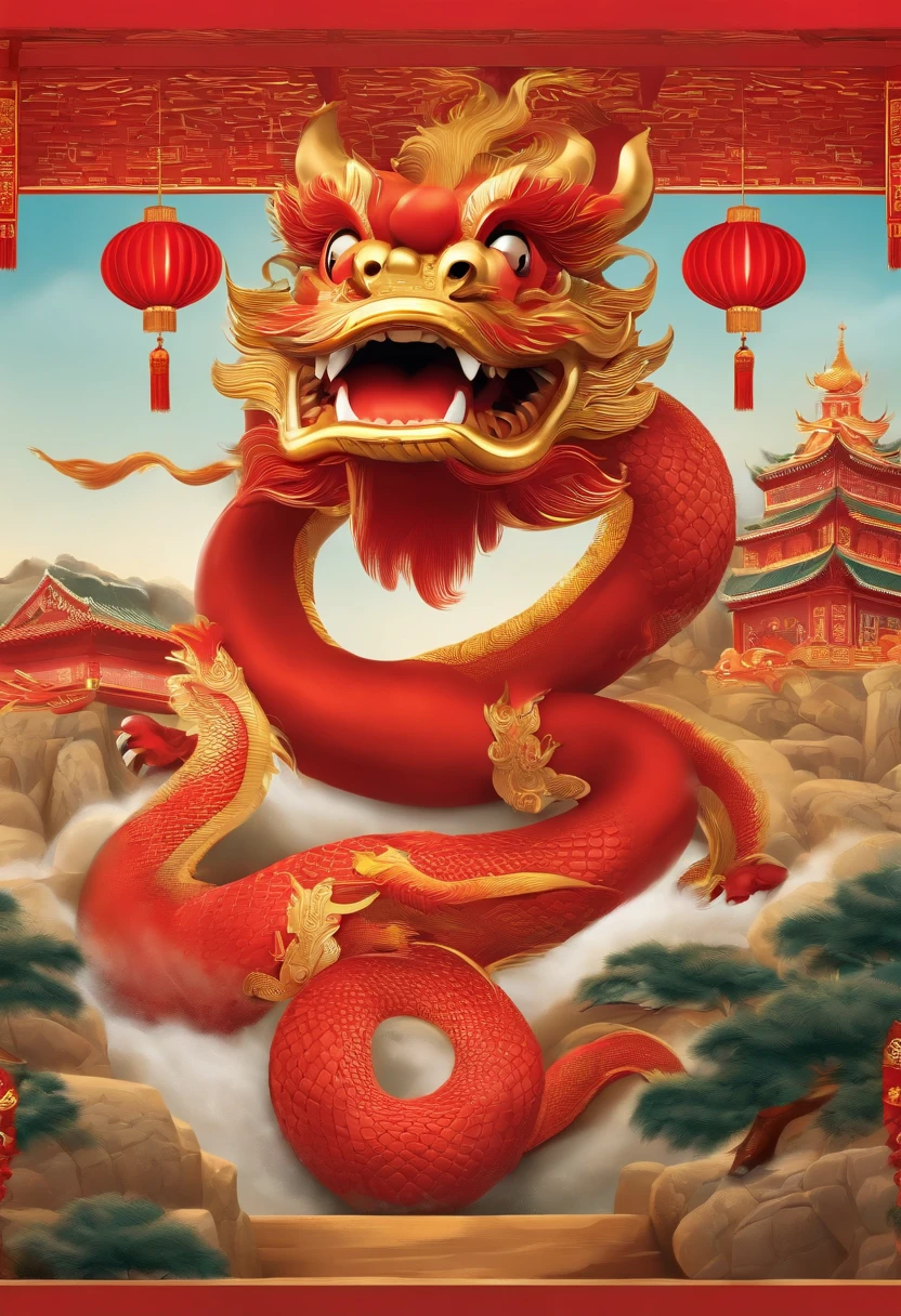 Chinese New Year,Year of the Dragon,Big red,cartoony,Commercial posters,There are decorations around,delight