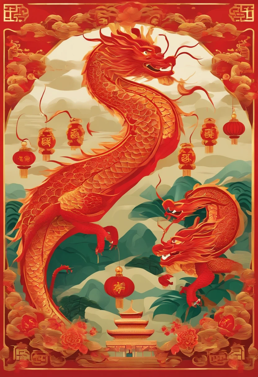 Chinese New Year，Year of the Dragon，Big red，cartoony，Commercial posters，There are decorations around，delight