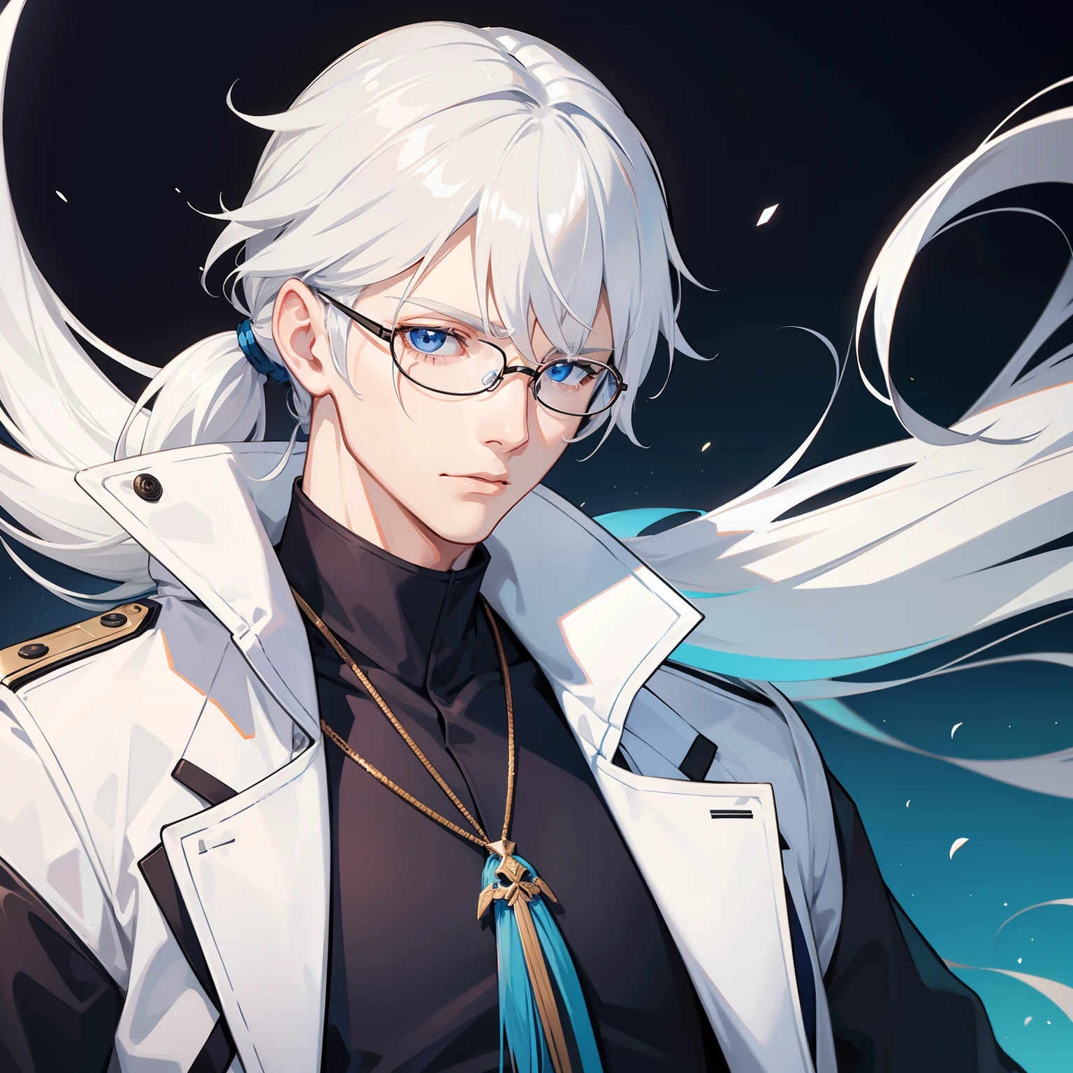 Male, white hair, man, blue eyes, coat, t-shirt, long hair, ponytail hair, glasses, (solo)