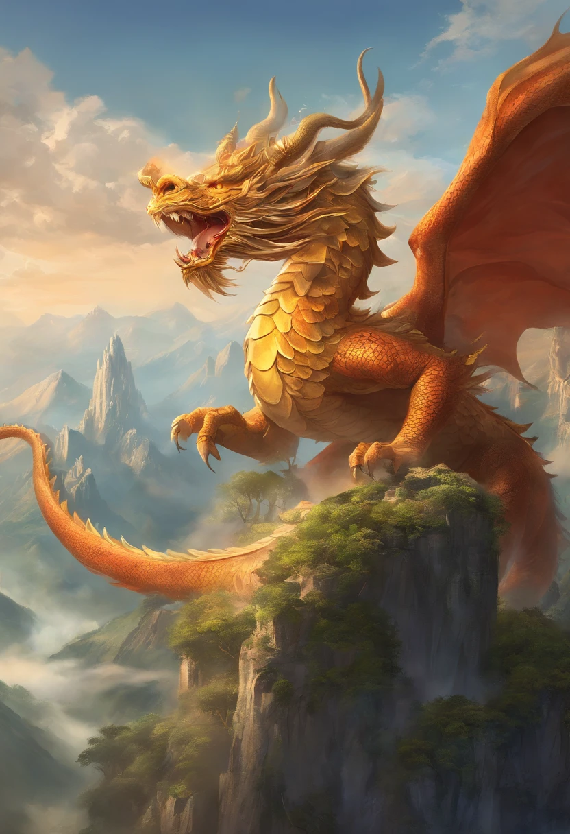 A painting of a CHinese dragon circling between mountains,With dragons as the main background,There are clouds,There are mountains,Flying in the sky(CHinese dragon:1.5),highly detailed fantasy art,hyperrealistic d & D fantasy art,Hero, Artstation contest winner,--no wings,